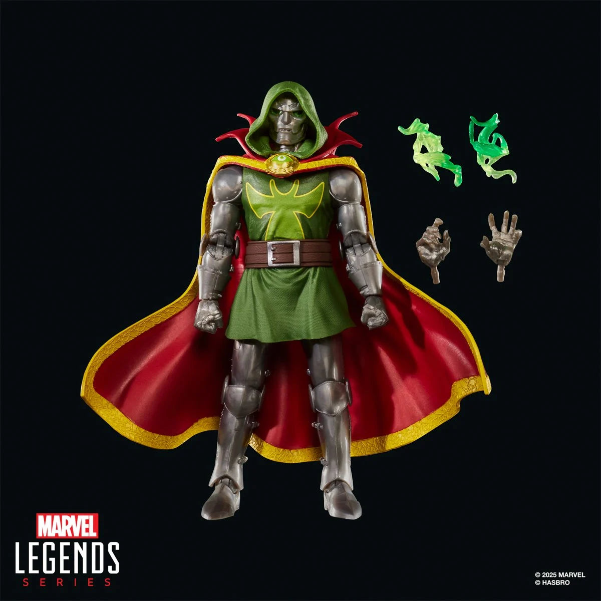 Emperor Doom Marvel Legends figure close-up showing Sorcerer Supreme mystical effects and detailed costume