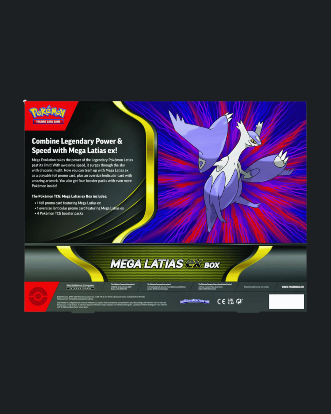 Pokémon Mega Latias ex box packaging with character illustration on a dark background