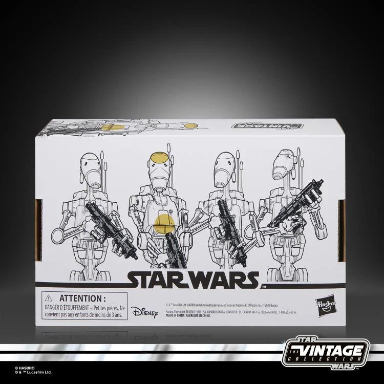 Star Wars Vintage Collection Battle Droid four-pack packaging back view with character details