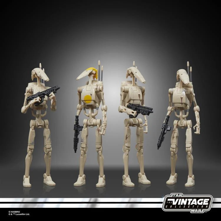 Star Wars Vintage Collection Battle Droid four-pack showing droid assembly and articulation details