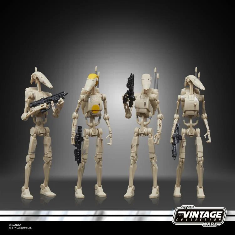 Star Wars Vintage Collection Battle Droid four-pack showing droid assembly details and articulation
