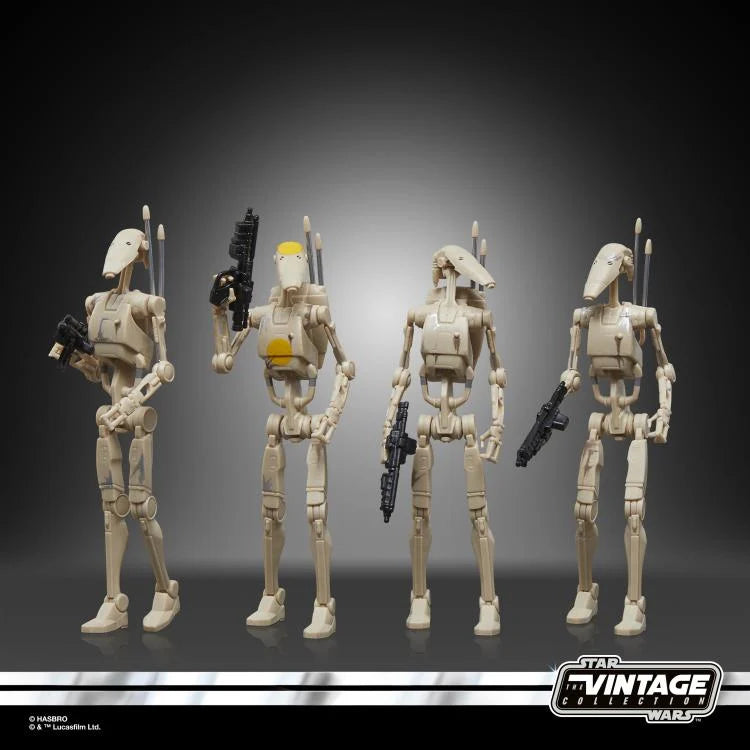 Star Wars Vintage Collection Battle Droid four-pack articulation and posing detail view