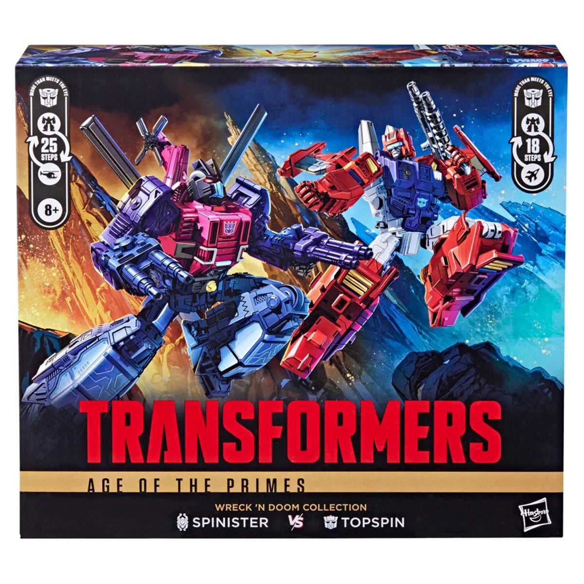 Transformers Topspin vs Spinister two-pack figures in air-skiff and robot modes detail view