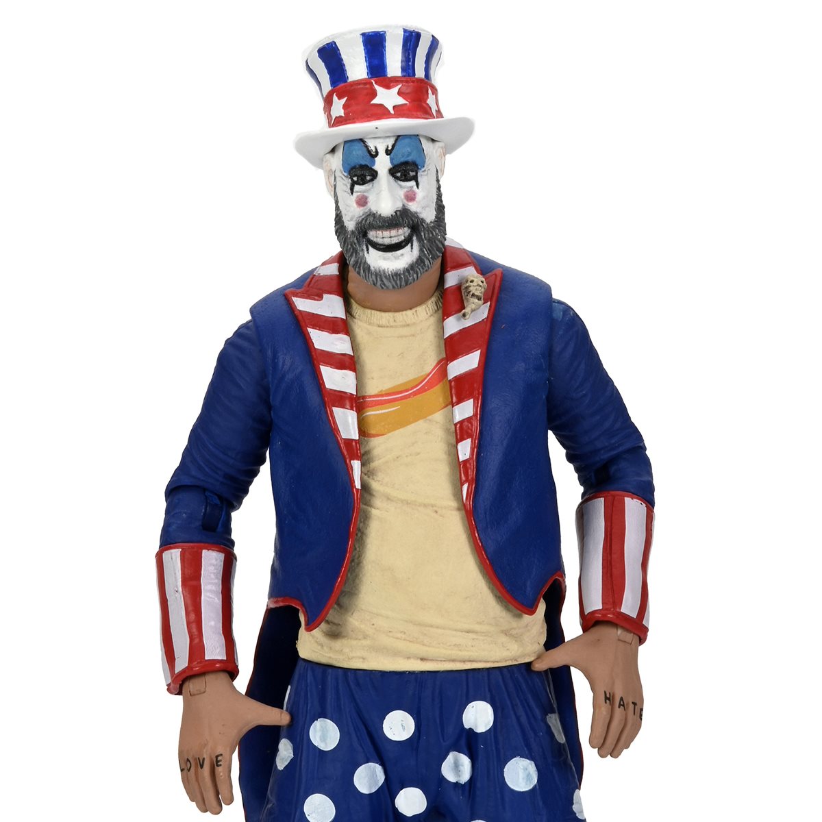 Captain Spaulding House of 1000 Corpses NECA 7-Inch Figure — Figure Detail Close-Up Showing LOVE HATE Knuckle Tattoos and Skull Brooch