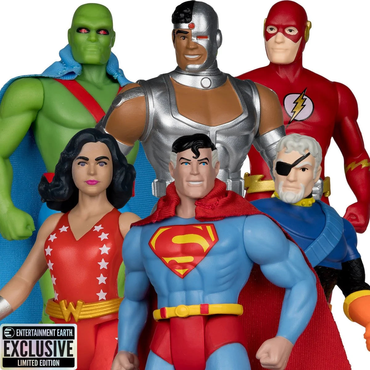 DC Super Powers Wave 16 4.5-Inch Figure Case — All 6 Figures Group Front View with Entertainment Earth Exclusive Badge