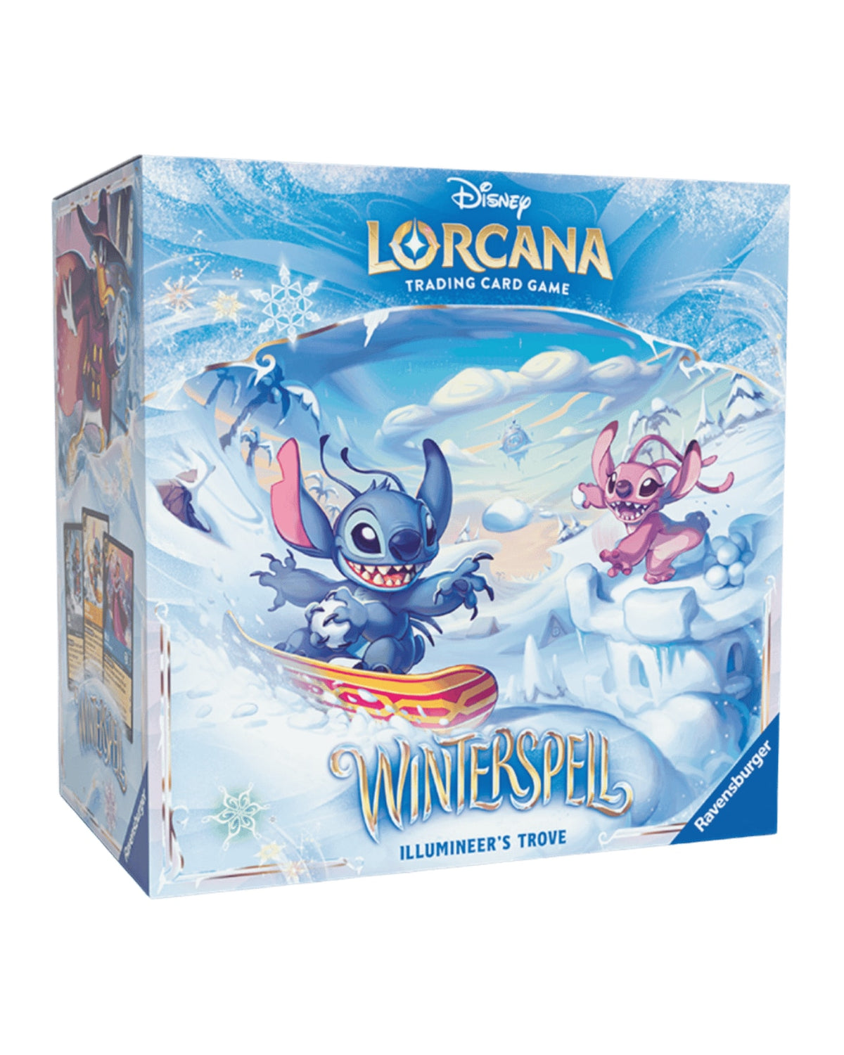 Winterspell Illumineer's Trove Disney Lorcana Box Front — Stitch Snowboarding and Angel with Snowballs