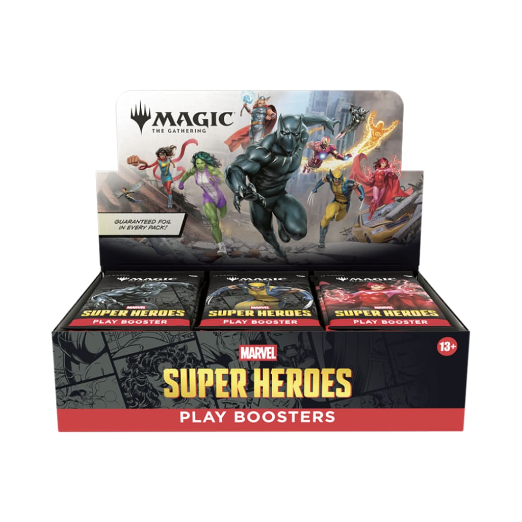 MTG Marvel Super Heroes Play Booster Box — Box Front with Display Header Open