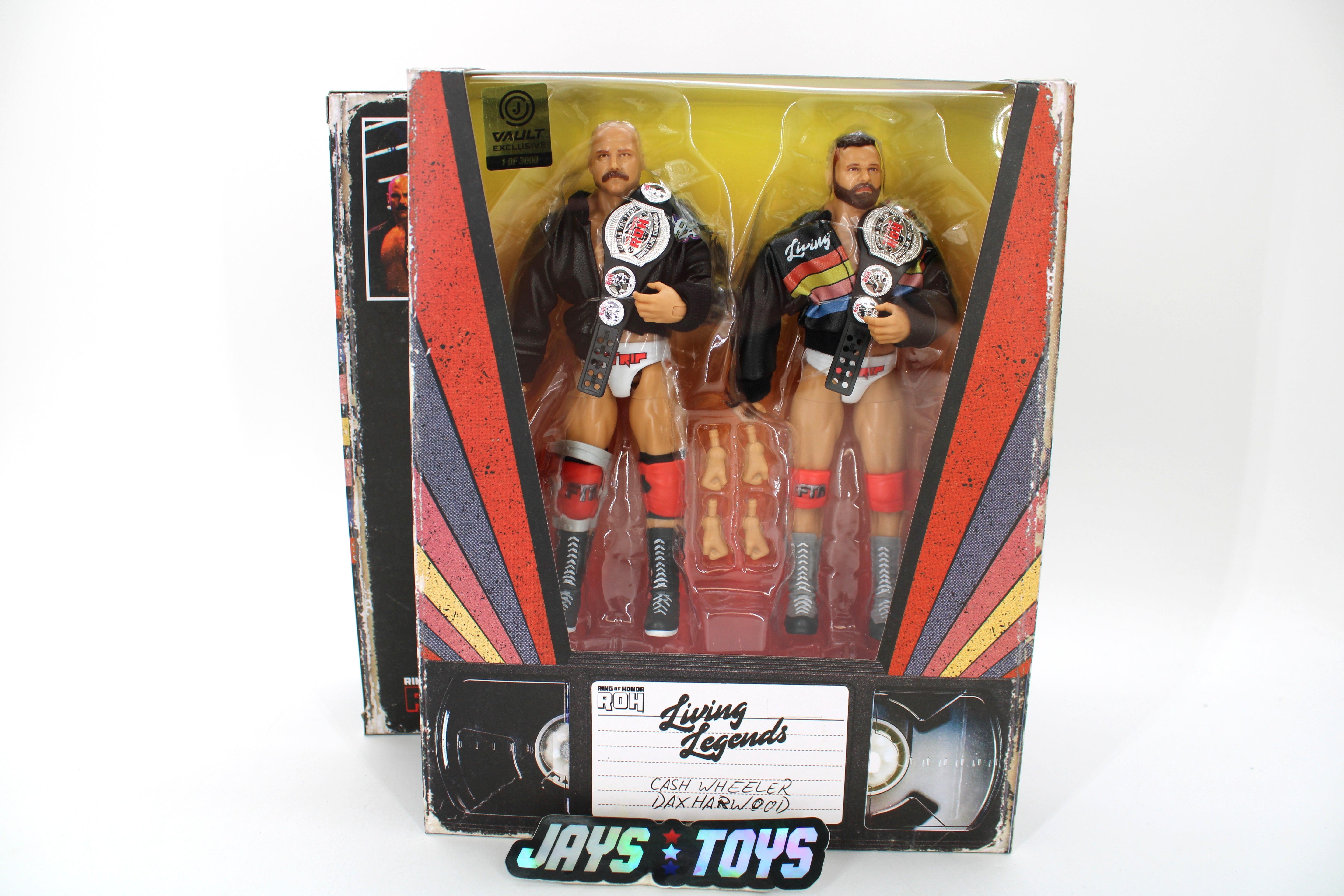 FTR Living Legends 2-Pack Cash Wheeler Dax Harwood Jazwares Vault Exclusive — Box Front with VHS Label and Gold Foil Sticker