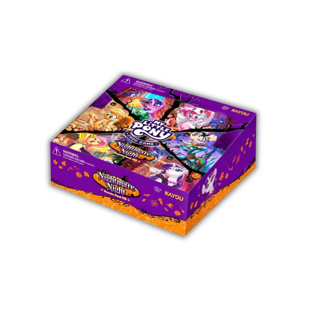 My Little Pony Card Game Nightmare Night Booster Box — Box Front Angled View showing Halloween-themed purple and orange packaging with pony characters in costumes