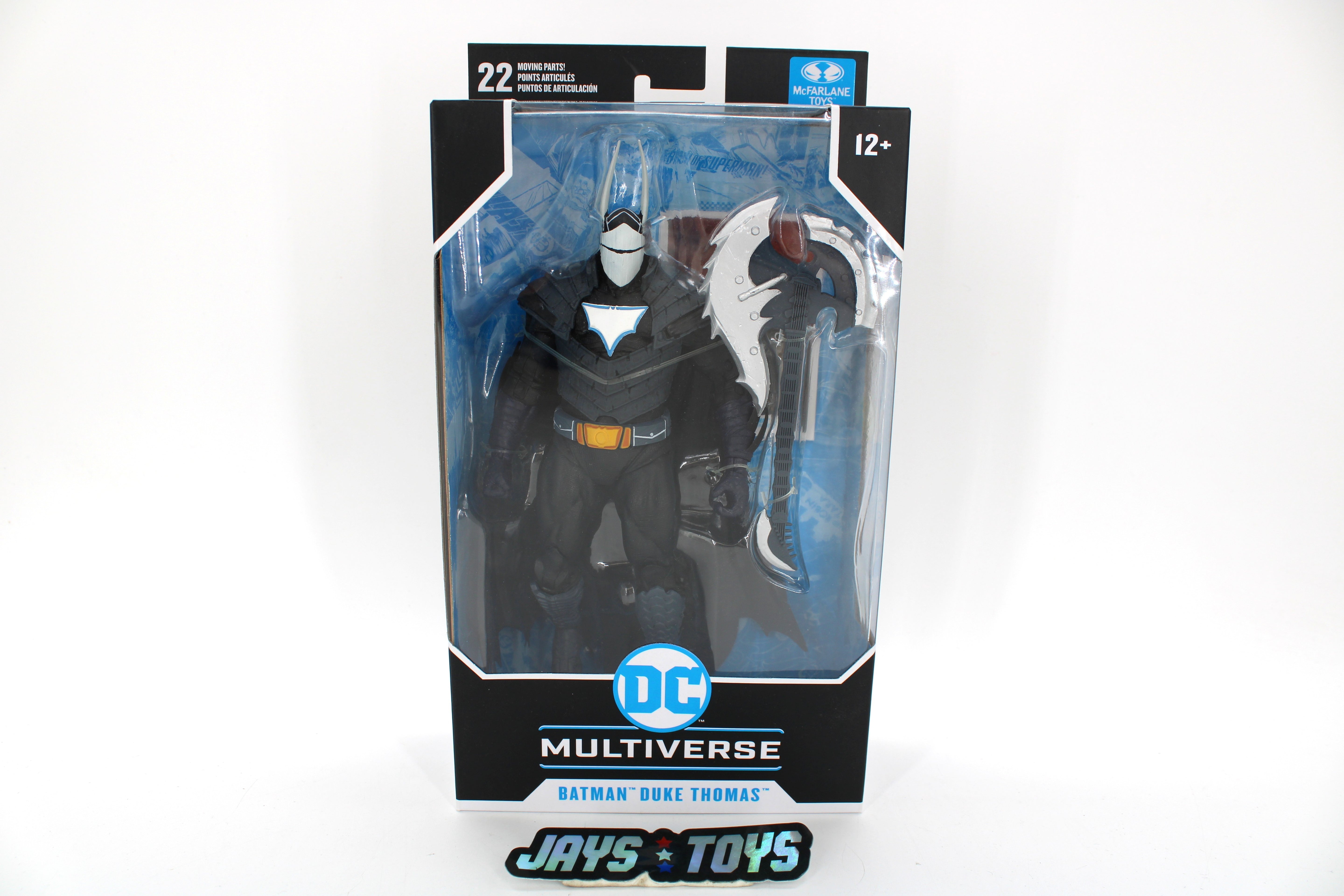 Batman Duke Thomas DC Multiverse Figure — Box Front View with Battle-Axe Accessory Visible