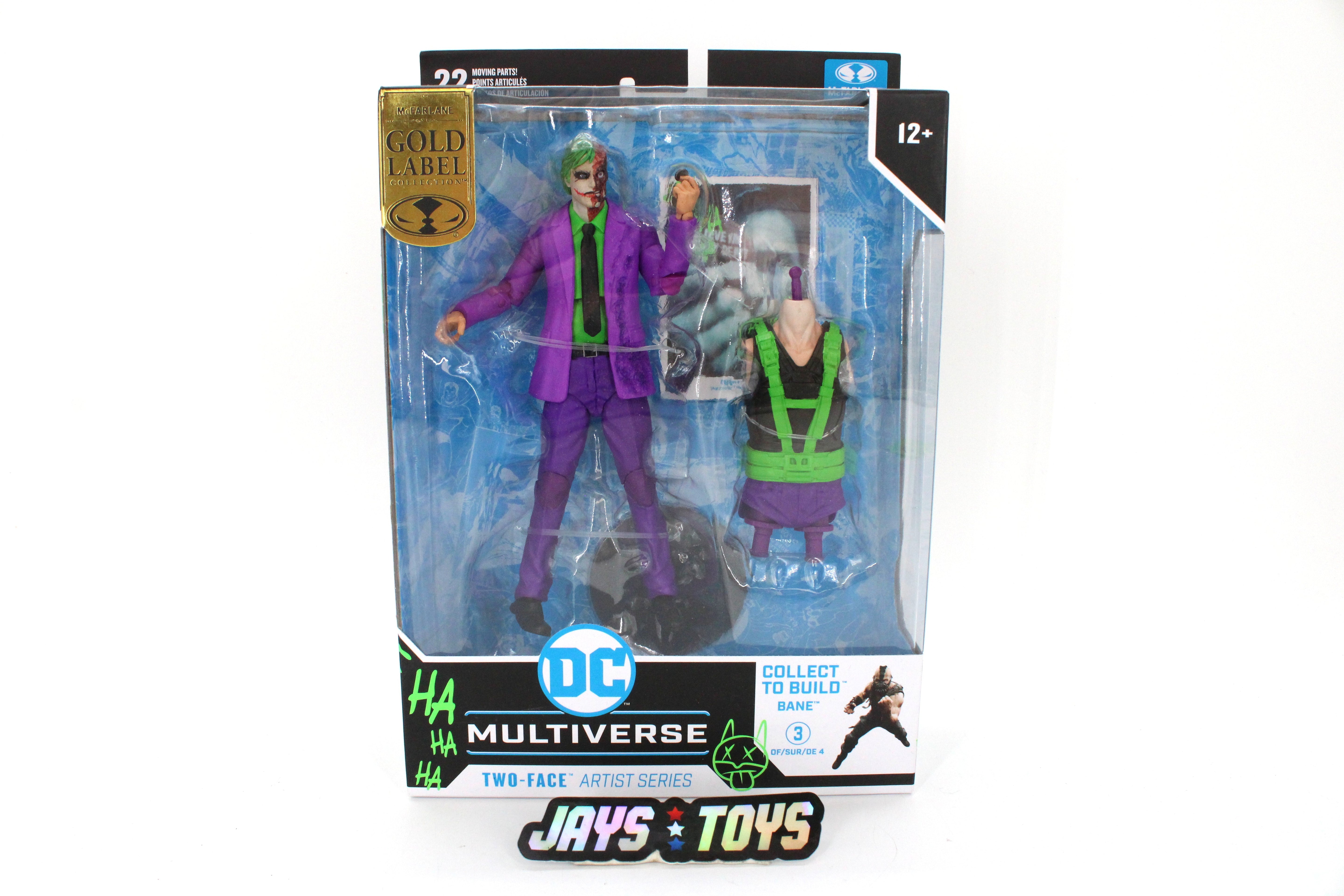 Two-Face DC Multiverse Gold Label Artist Series Figure — Card Front with Joker Deco and Bane CTB Piece Visible