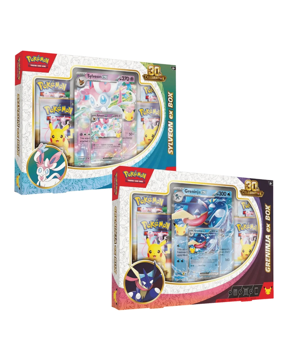 Sylveon ex Box and Greninja ex Box Pokemon TCG 30th Celebration — Both Boxes Front View