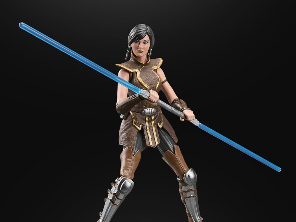 Satele Shan Black Series 6-Inch Figure — Dynamic Combat Pose Holding Double-Bladed Lightsaber, Close-Up Front Angle