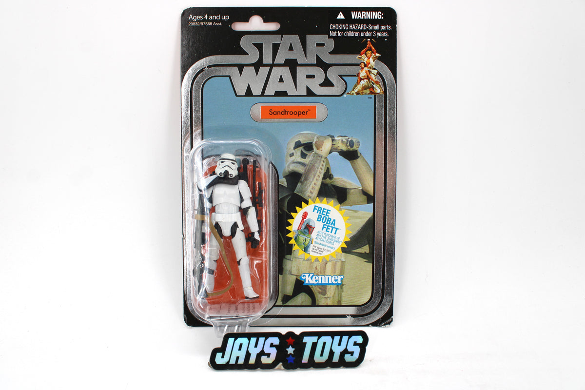 Sandtrooper Star Wars Vintage Collection VC14 3.75-Inch Carded Figure — Card Front with Free Boba Fett Sticker