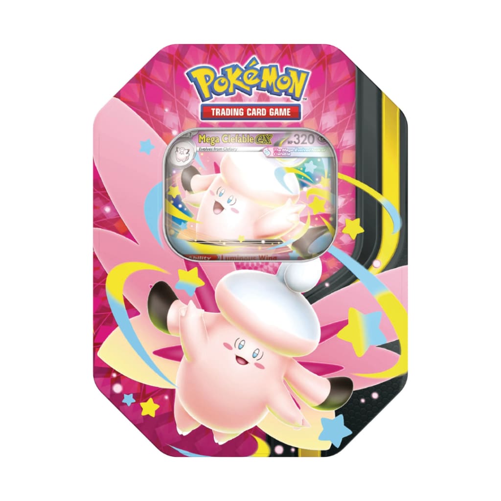 Mega Moonlit Tin Clefable EX Ex Tin Pokemon — Box Front with Mega Clefable ex Foil Promo Card Visible