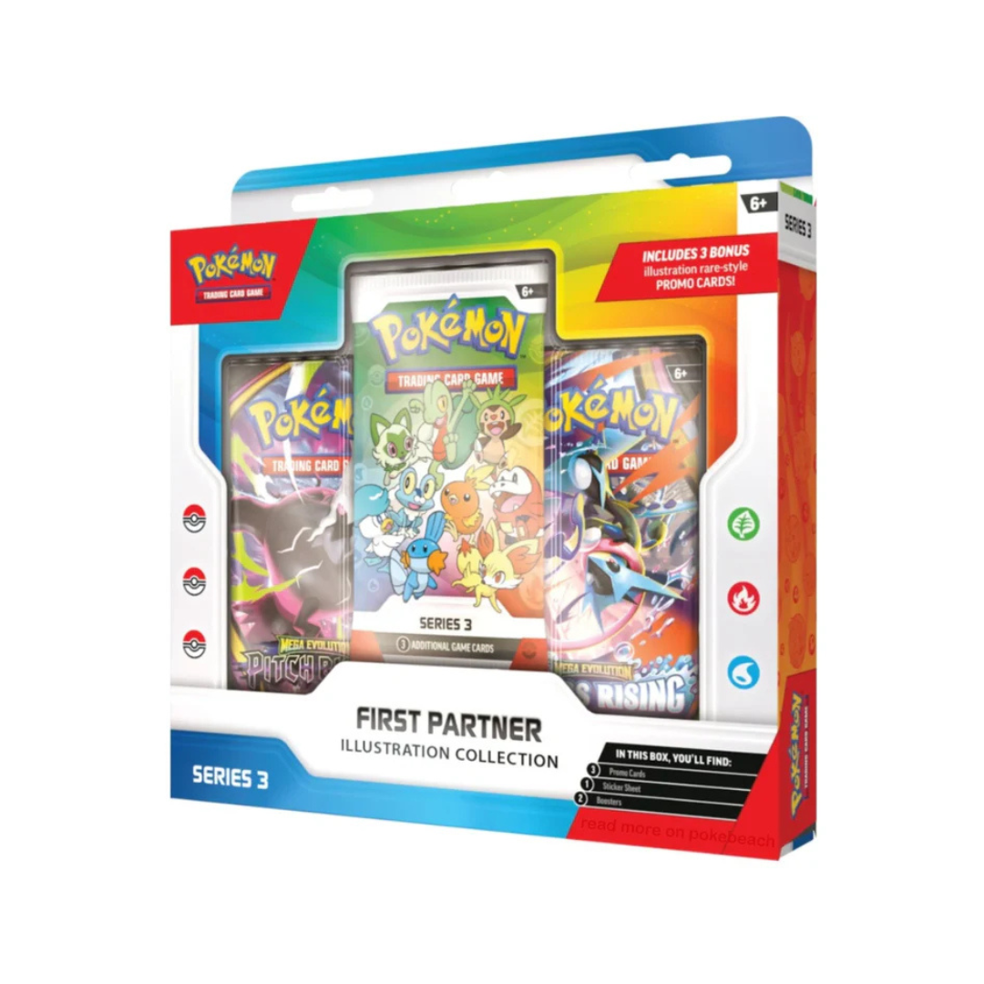 First Partner Illustration Collection Series 3 Pokemon TCG — Box Front Angle Showing Promo Pack and Two Boosters