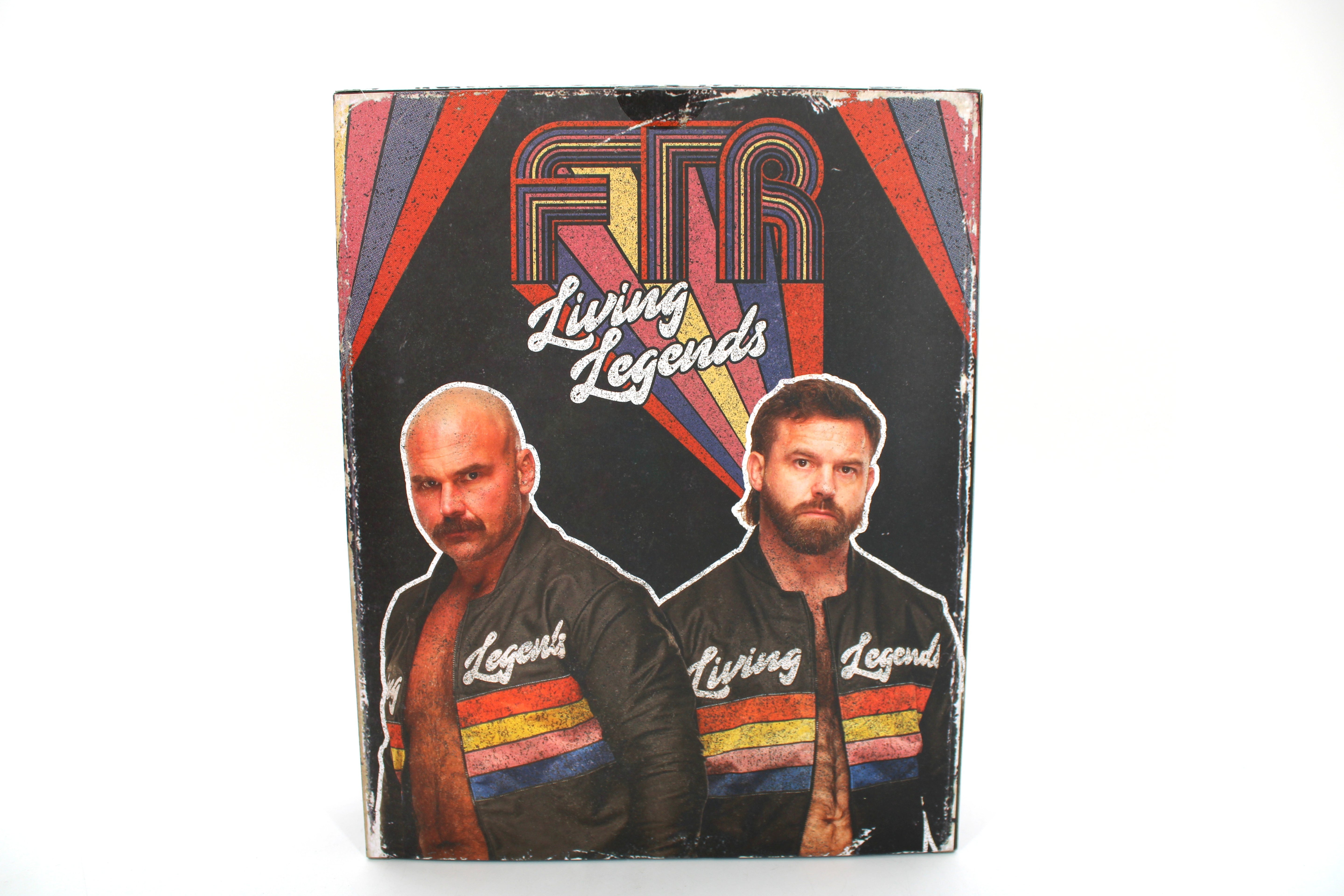 FTR Living Legends 2-Pack Jazwares Vault 2024 — Back of Outer Slipcase with Retro Stripe Artwork and Photo of Cash Wheeler and Dax Harwood