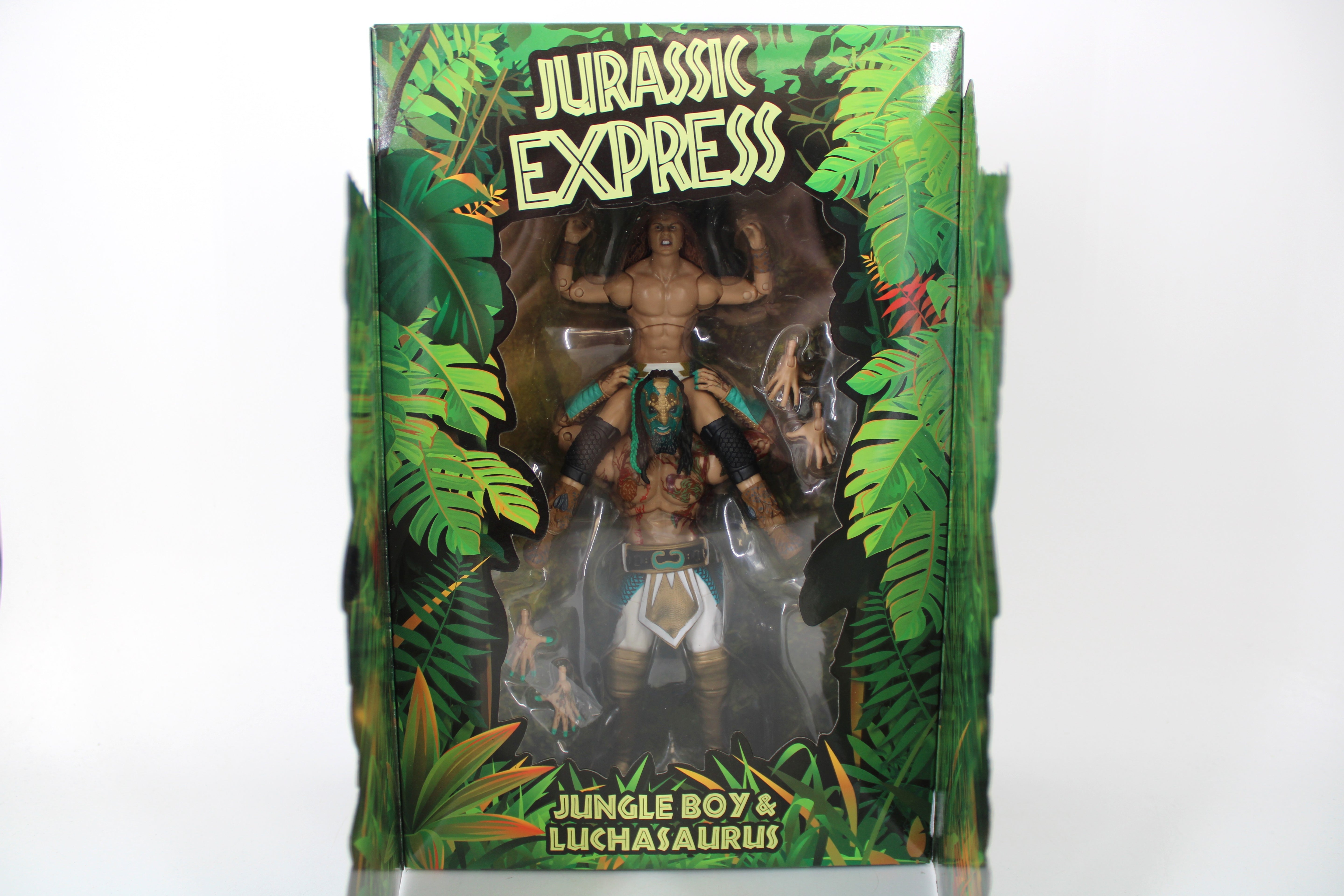 Jurassic Express AEW Unrivaled 2-Pack 2021 — Package Open Displaying Jungle Boy and Luchasaurus Figures
