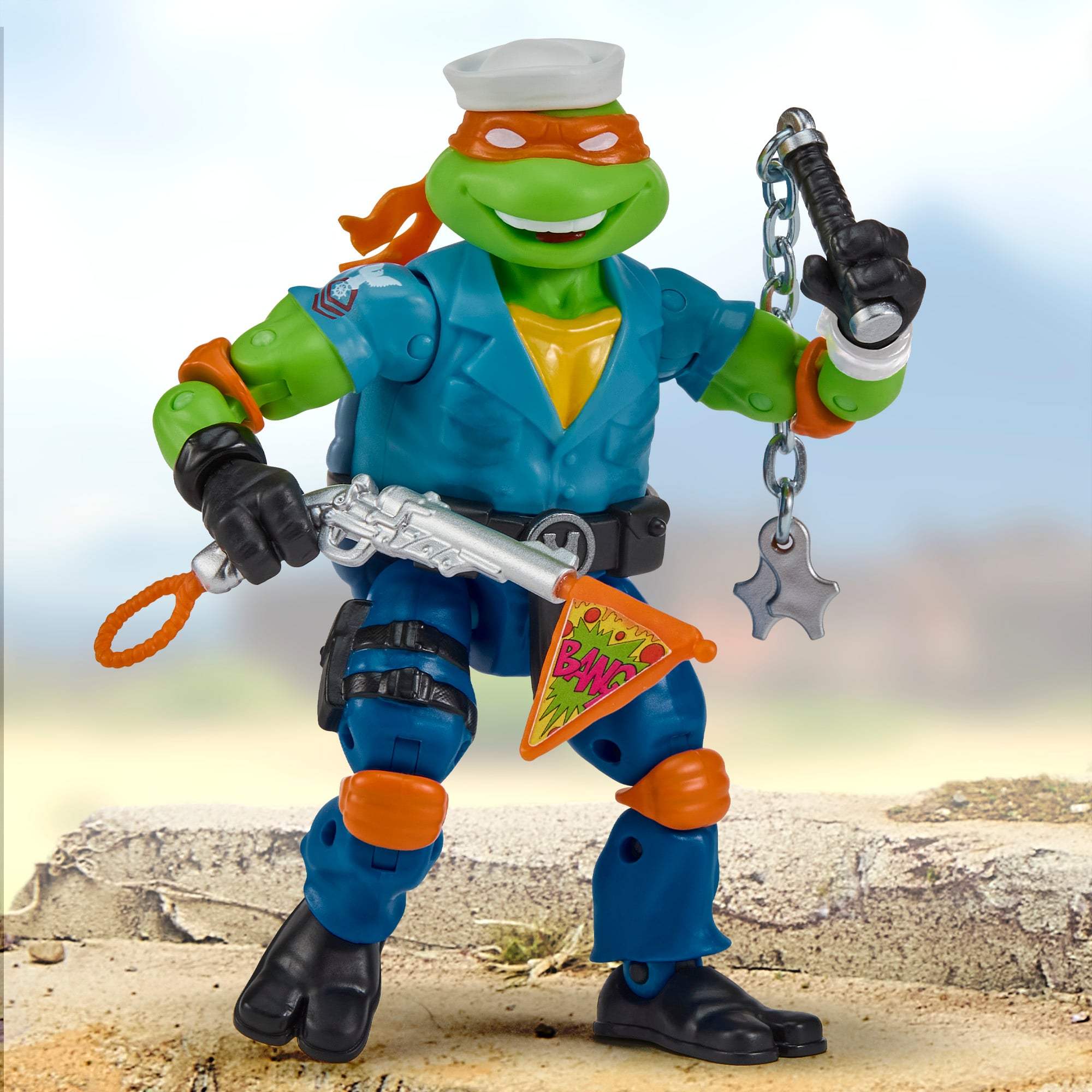Michelangelo as Shipwreck TMNT x GI Joe 4.5-Inch Figure — Front View with Pizza Prank Pistol and Anchor Nunchaku