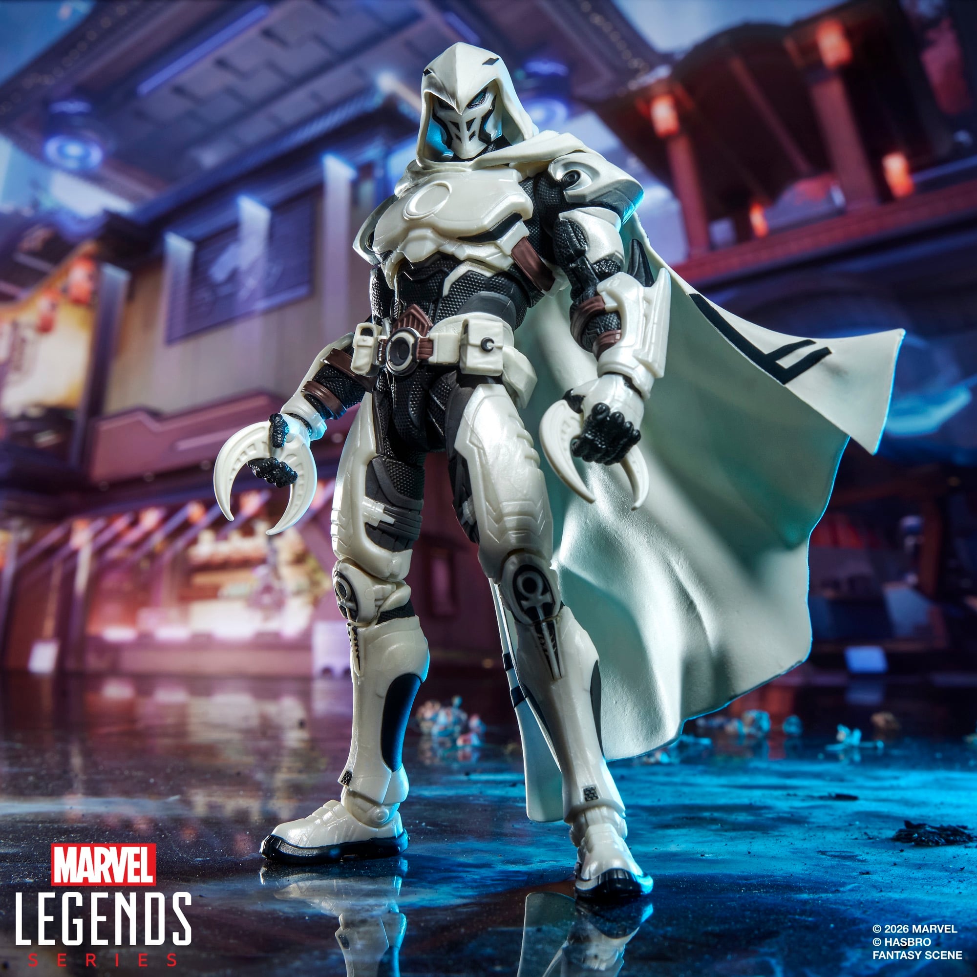 Moon Knight Marvel Legends 6-Inch Figure — Front View in Marvel Rivals Armor with Cape