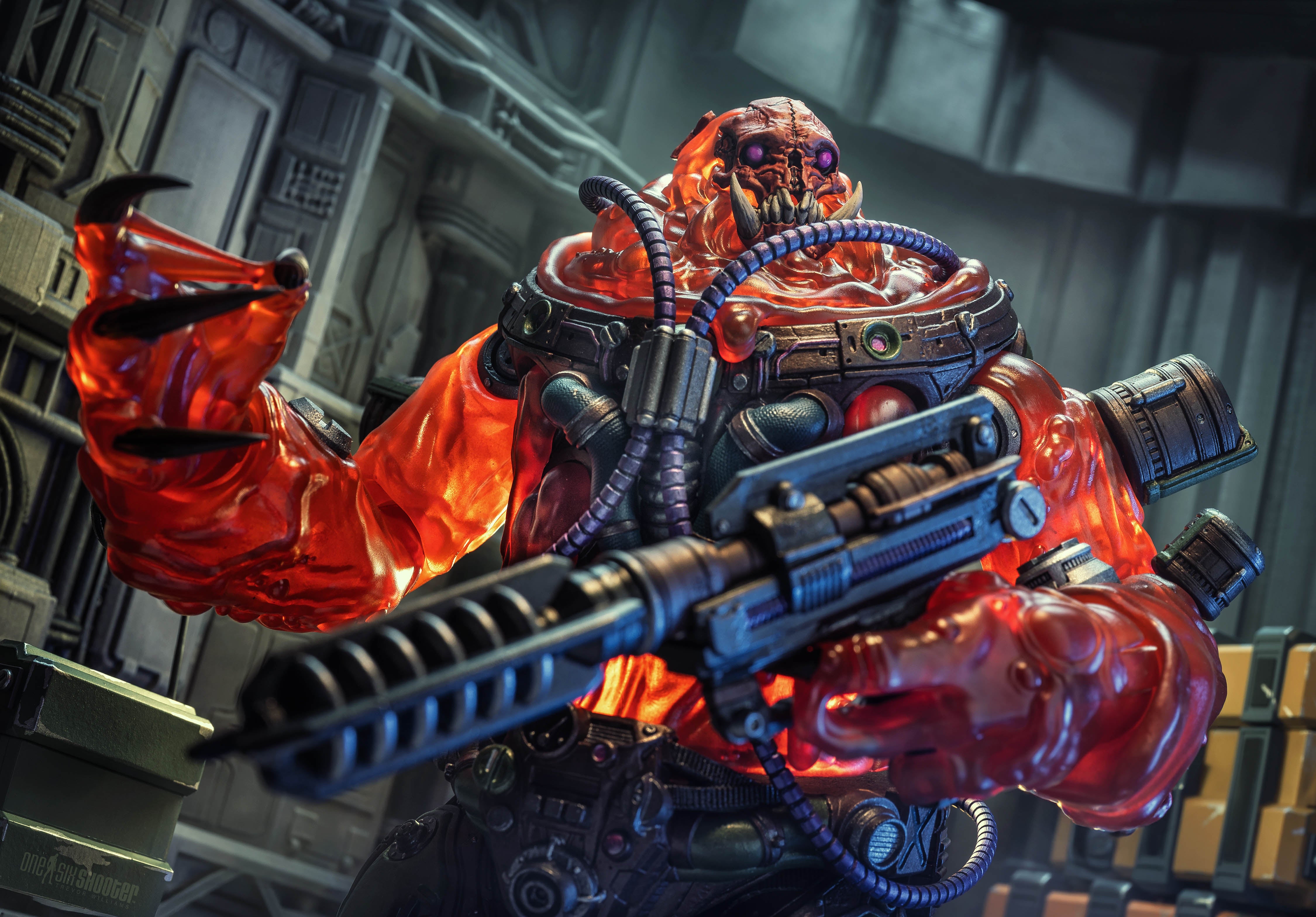 Globulon Krunn Cosmic Legions 6-Inch Figure — Dynamic Low-Angle Pose with Large Rifle