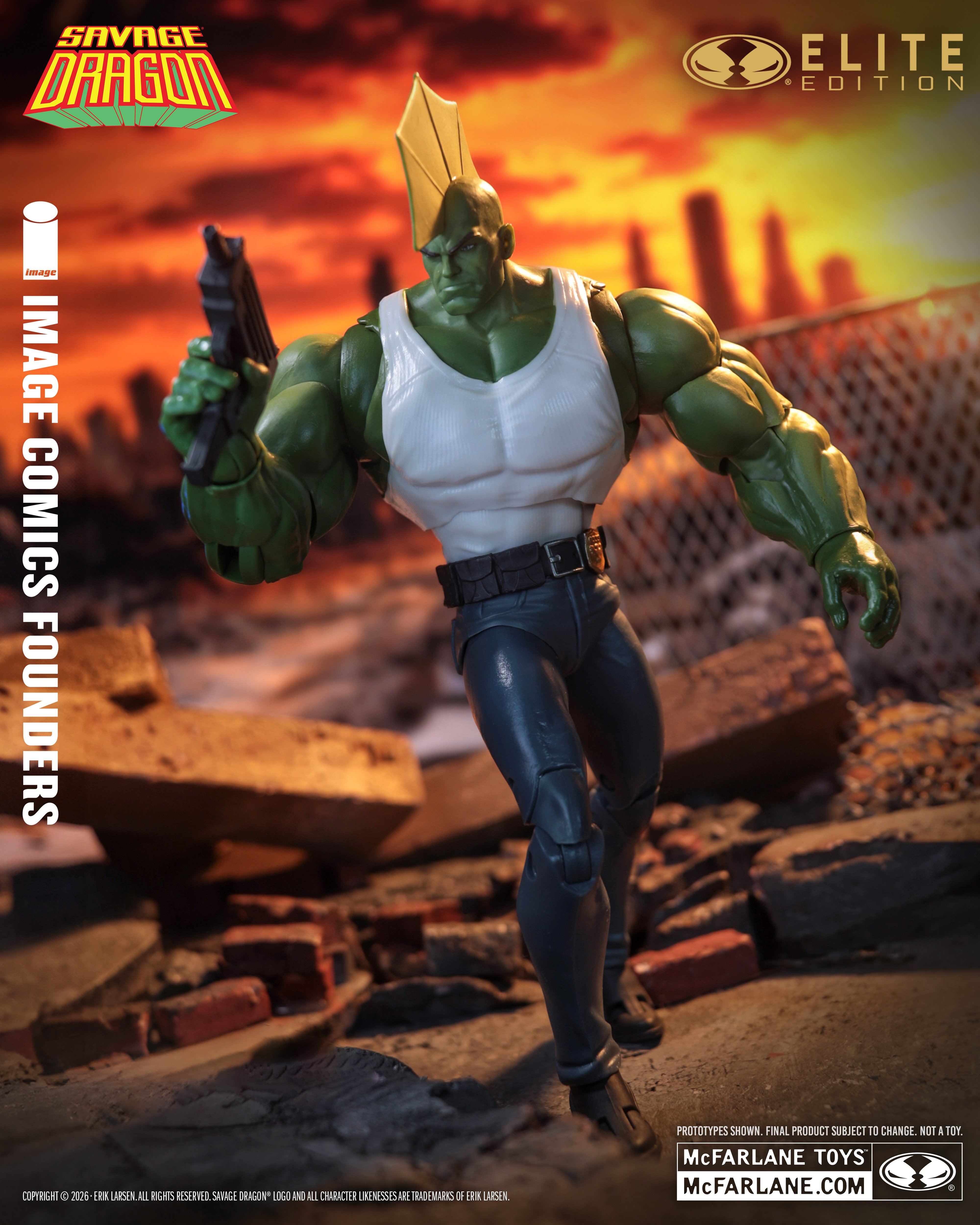 Savage Dragon McFarlane Elite Edition 7-Inch Figure — Front View Holding Pistol in Action Pose