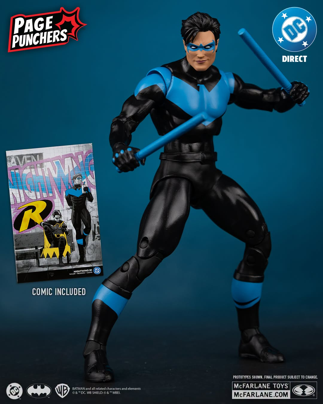 Nightwing Page Punchers 7-Inch Figure DC — Front View with Escrima Sticks and Nightwing #81 Comic Included
