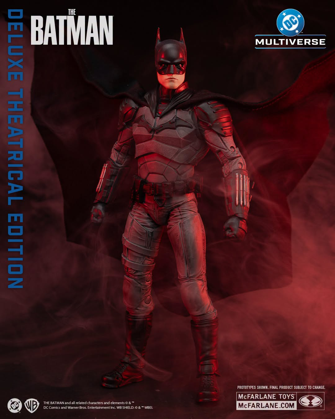 Batman 2022 DC Multiverse 7-Inch Deluxe Theatrical Edition Figure — Dramatic Red-Lit Front View
