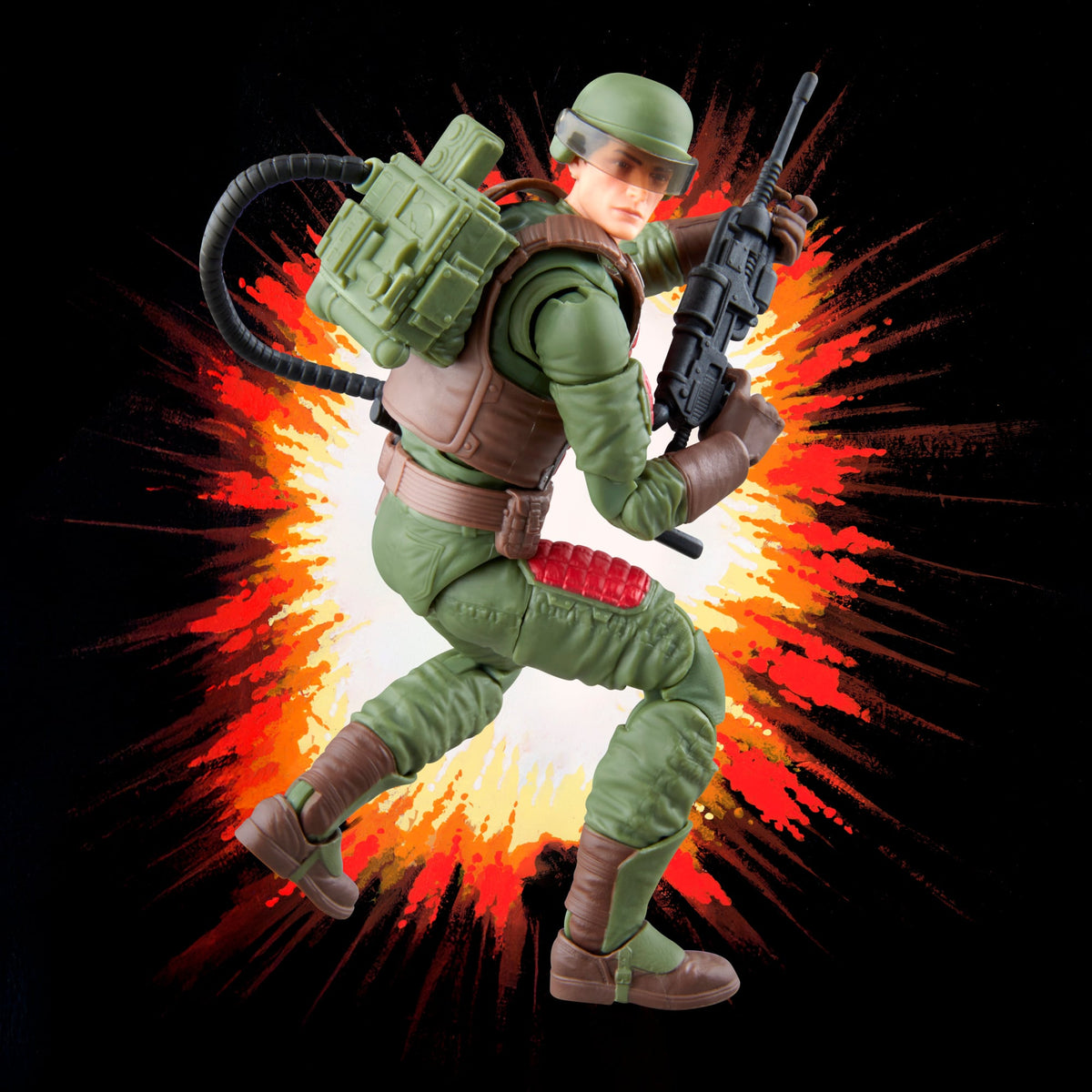 Flash G.I. Joe Classified Retro Collection 6-Inch Figure — Articulation Pose with Power Pack and Laser Rifle Against Explosion Background