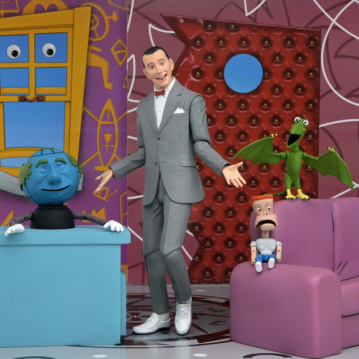Pee-Wee Herman NECA Ultimate 7-Inch Figure Set — Full Cast Front View with Globey, Pterri, and Randy in Playhouse Diorama
