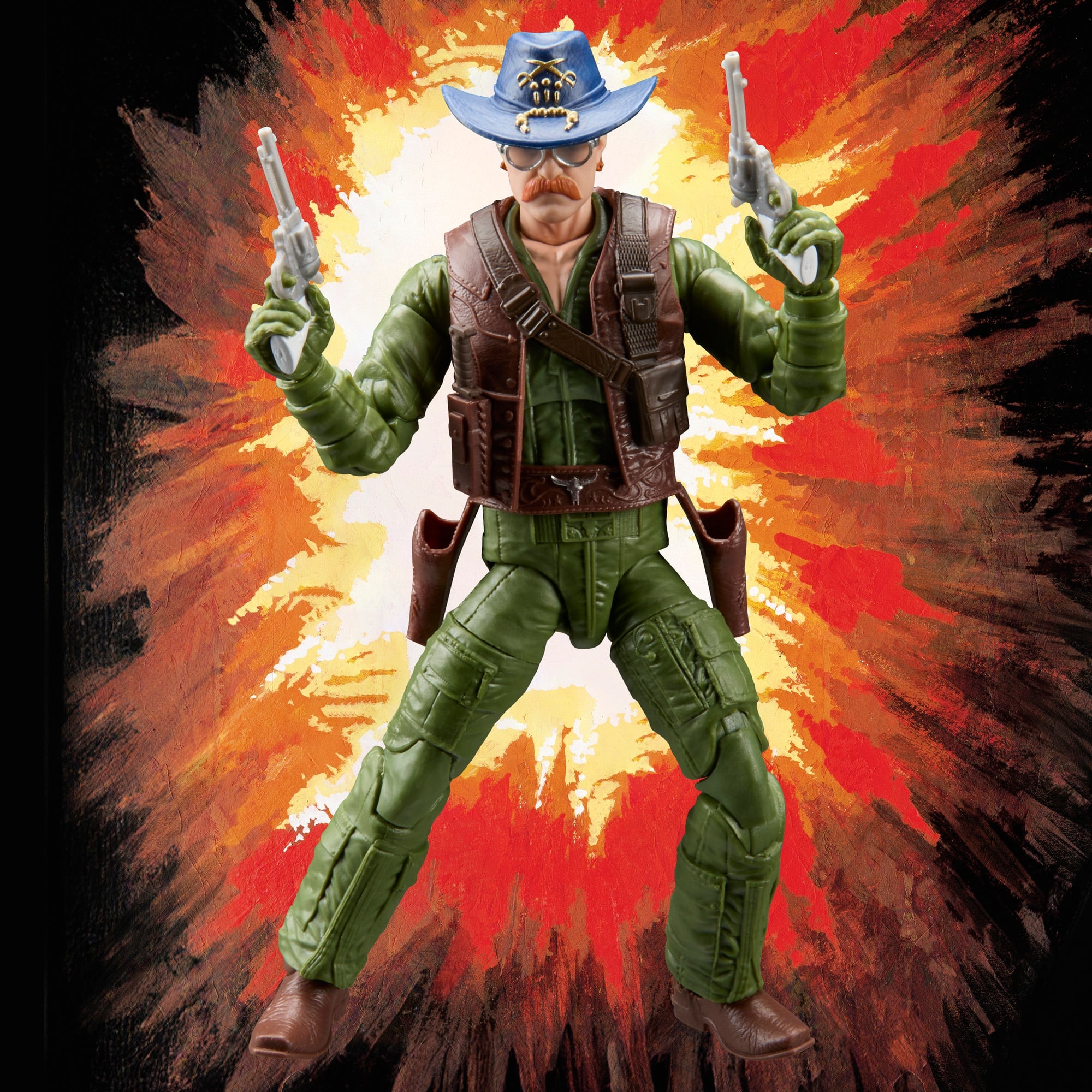 Wild Bill GI Joe Classified Retro 6-Inch Figure — Front View with Cowboy Hat and Dual Revolvers Against Explosion Background