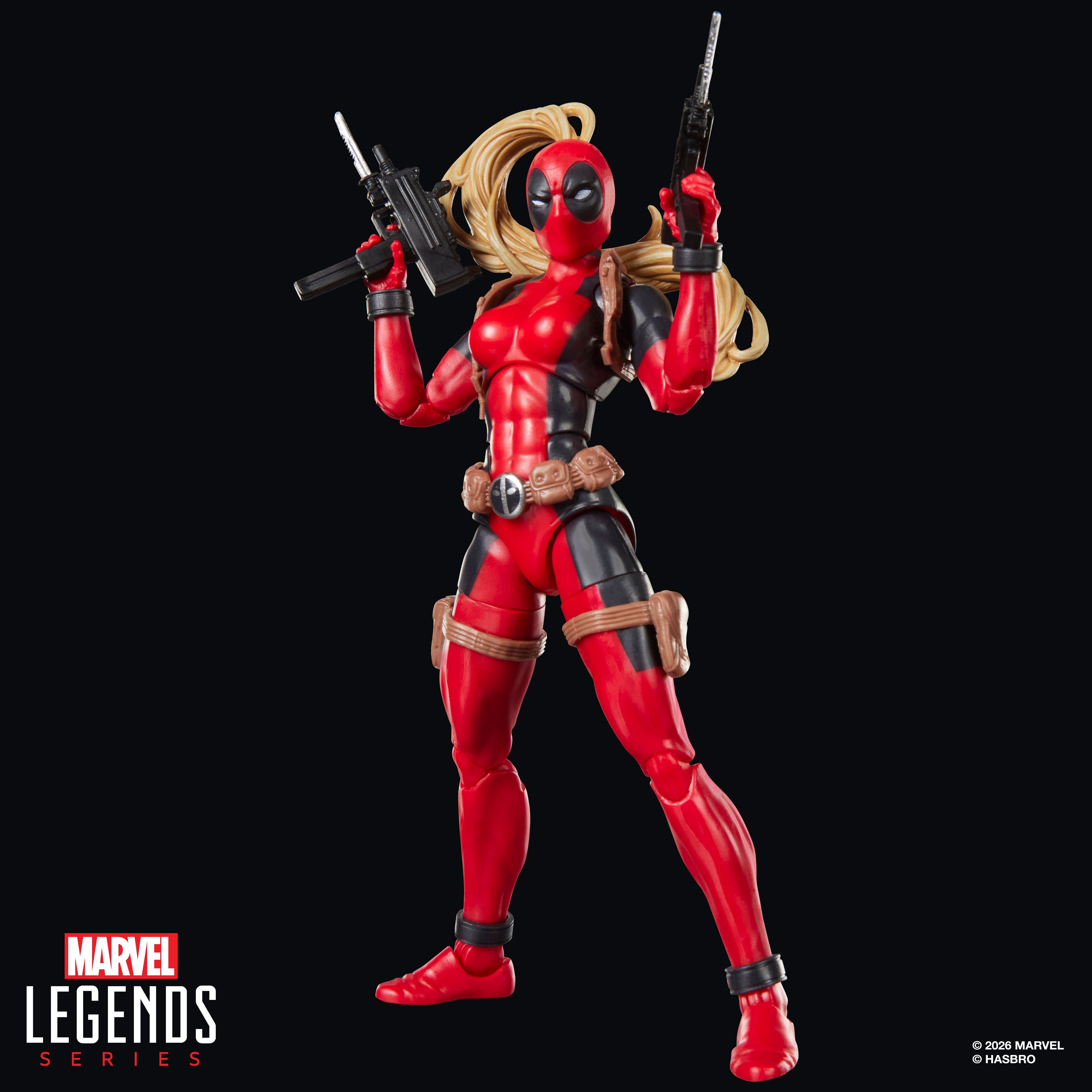 Lady Deadpool Marvel Legends 6-Inch Figure — Front View Holding Dual SMGs