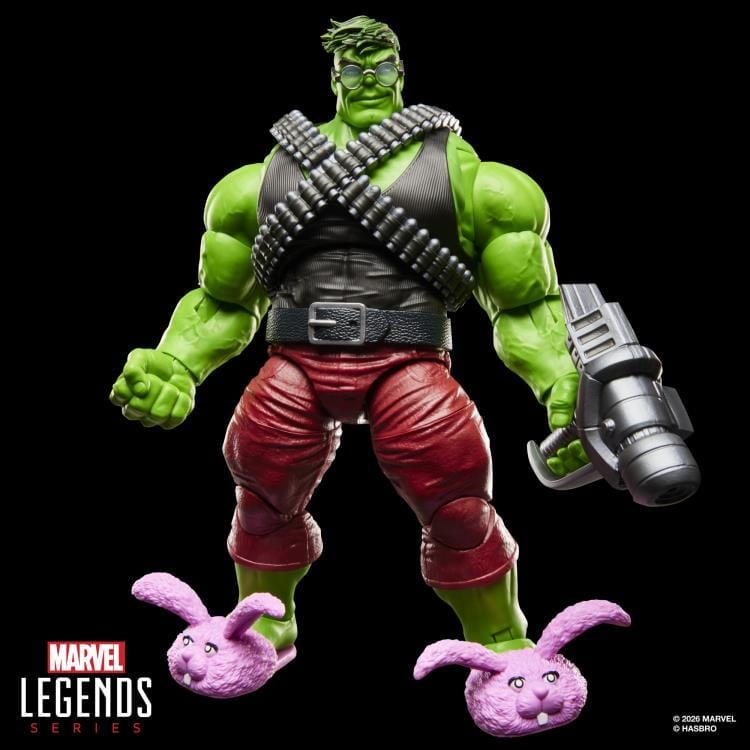 Professor Hulk Marvel Legends 6-Inch Deluxe Figure — Front View Holding Blaster with Bunny Slippers Displayed Separately