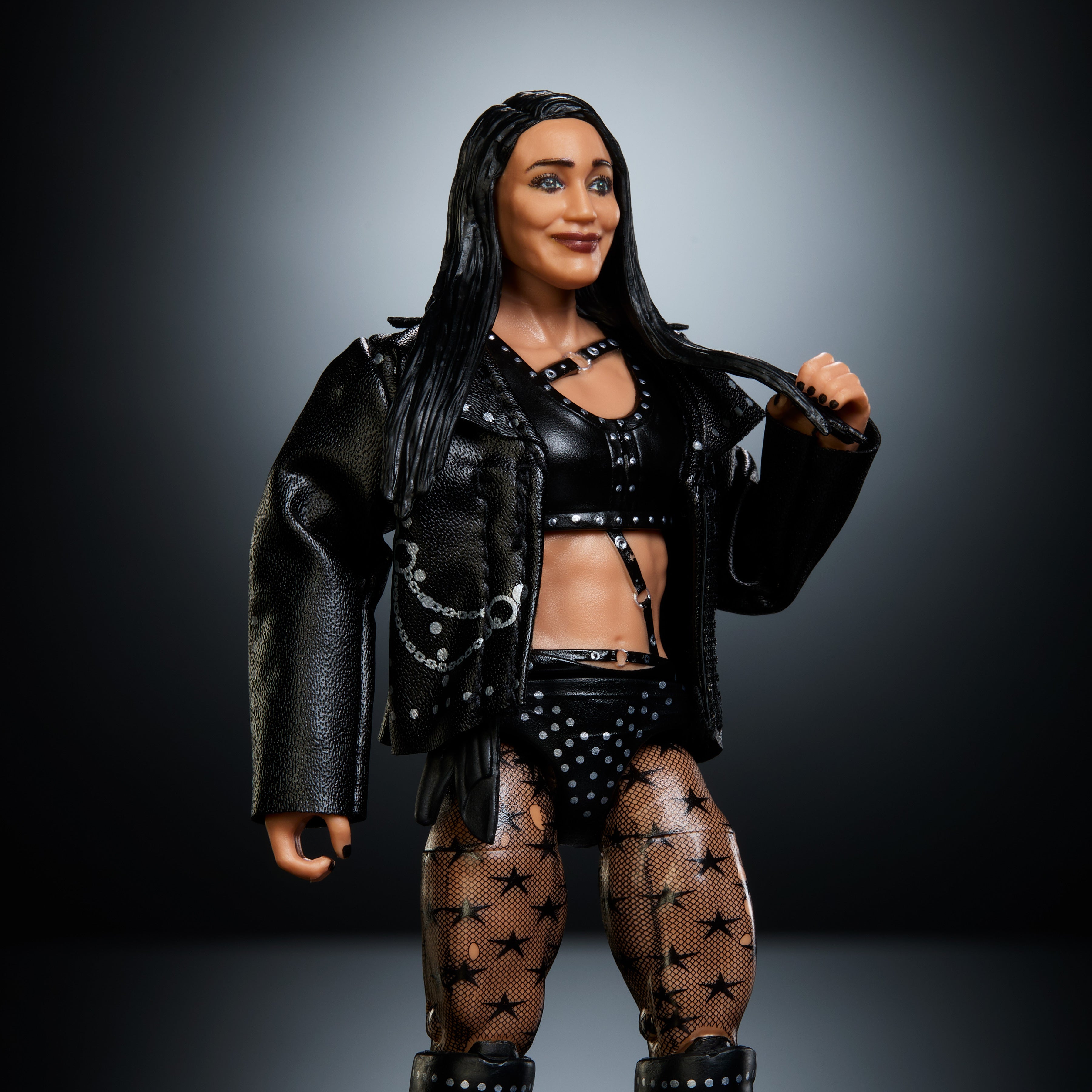 Roxanne Perez WWE Elite Series 126 6-Inch Figure — Side View Holding Jacket Open