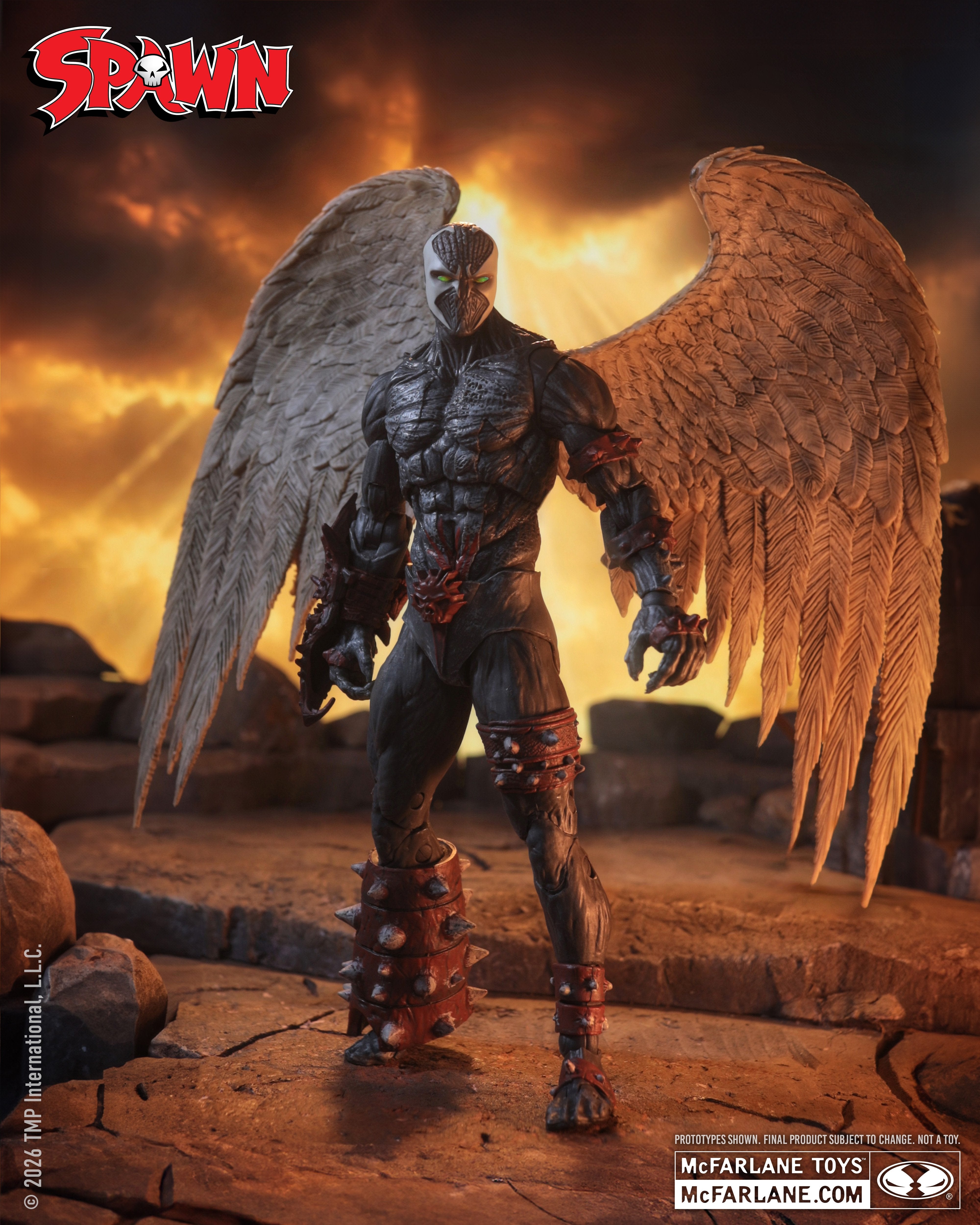 Spawn Wings of Redemption McFarlane 7-Inch Figure — Articulation Pose Standing on Rocky Terrain with White and Brown Wings