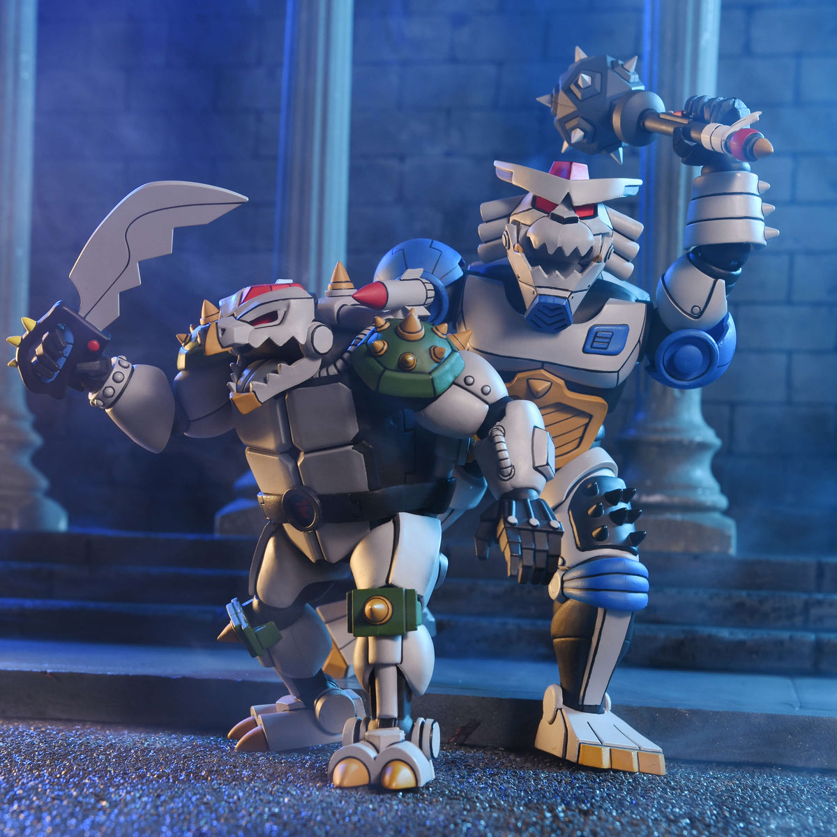 Robo Tokka & Robo Rahzar TMNT 1987 7-Inch Two-Pack — Front View Both Figures Armed with Cyber Saber and Mecha Mace