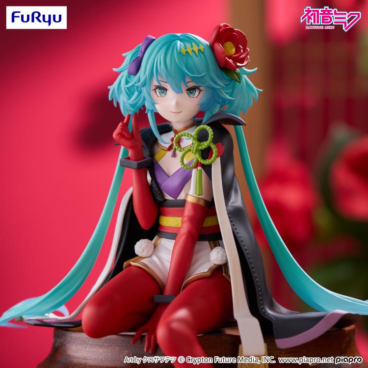 Hatsune Miku Flower Fairy Camellia Noodle Stopper Figure — Front View on Wooden Display Stand