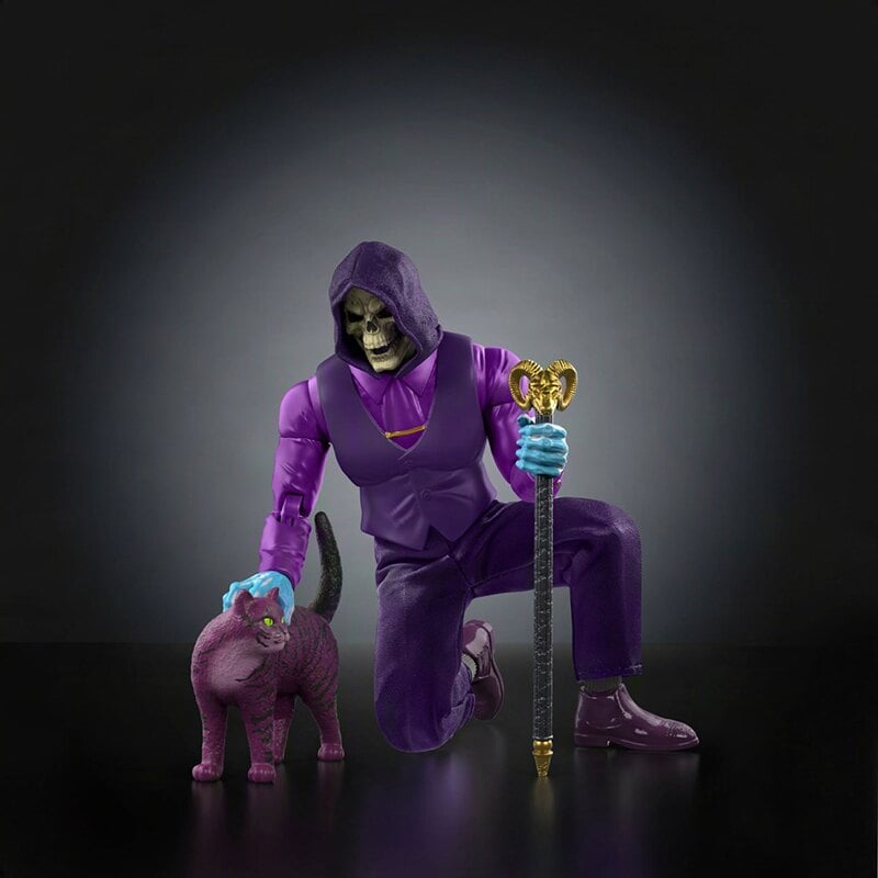 Dream Date Skeletor MOTU Chronicles 6.5-Inch Figure — Articulation Pose Kneeling with Cat