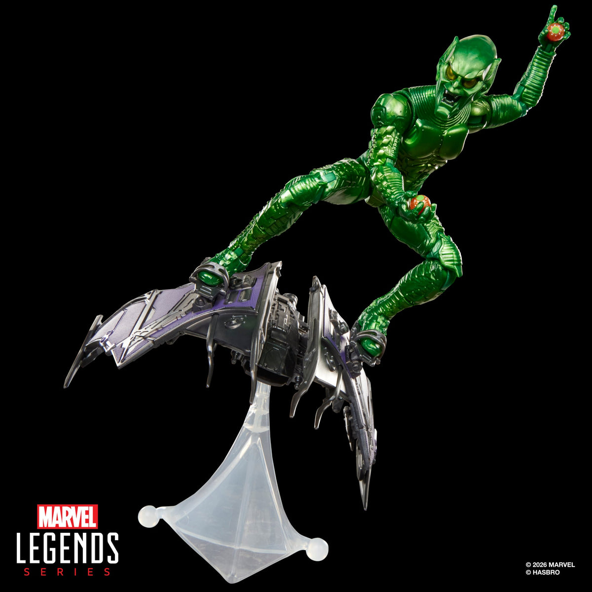 Green Goblin Marvel Legends 6-Inch Figure — Dynamic Flight Pose on Glider with Stand