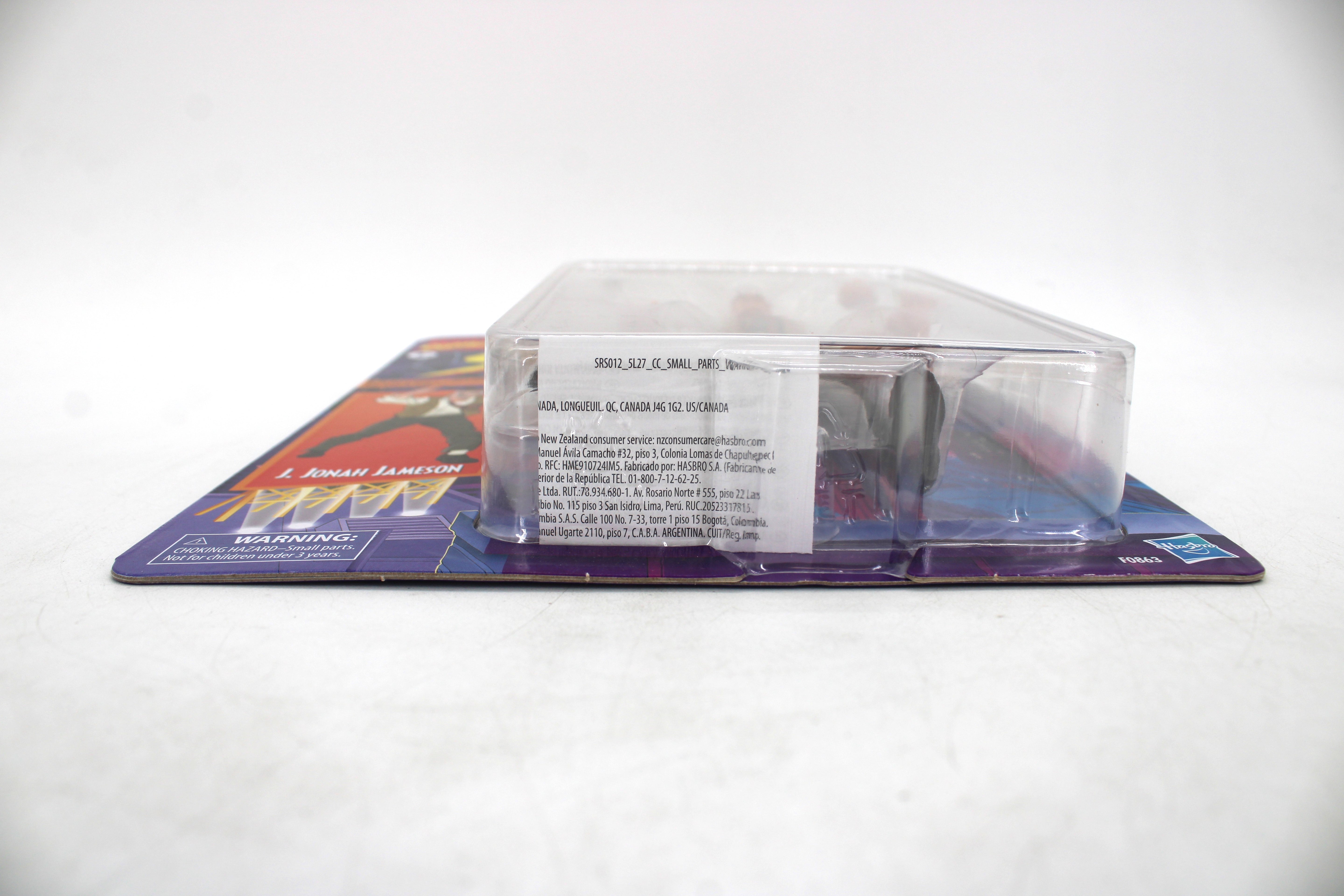 J. Jonah Jameson Marvel Legends Spider-Man Retro Collection — Package Detail Side View with Warning Label and Regulatory Text