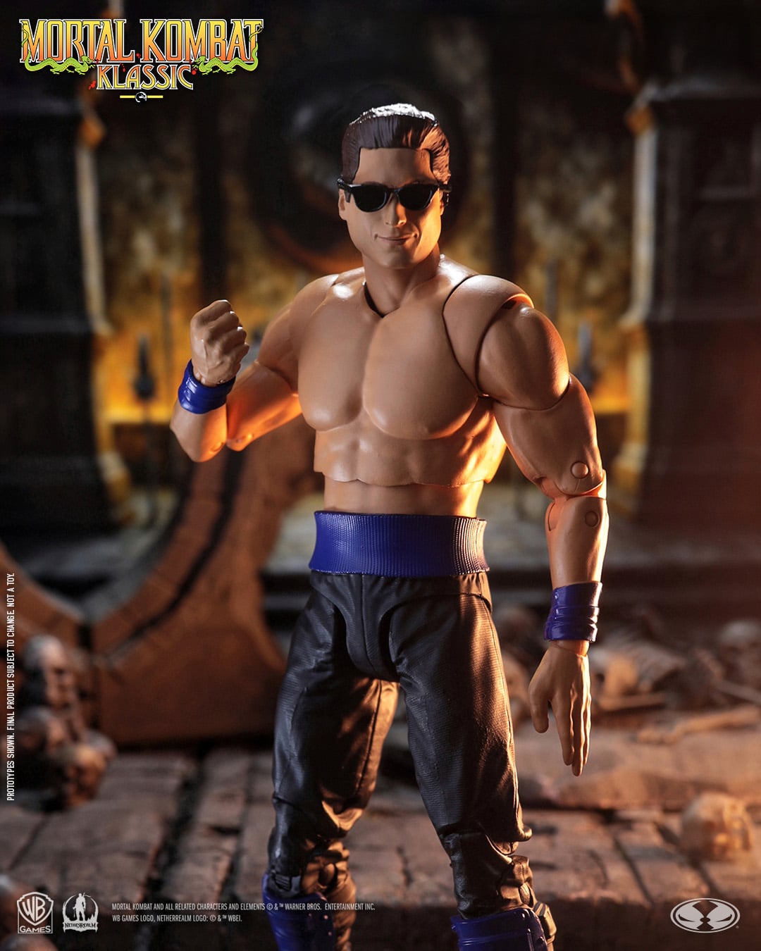 Johnny Cage Mortal Kombat Klassic 7-Inch Figure — Standing Front View Showing Full Costume Detail with Sunglasses