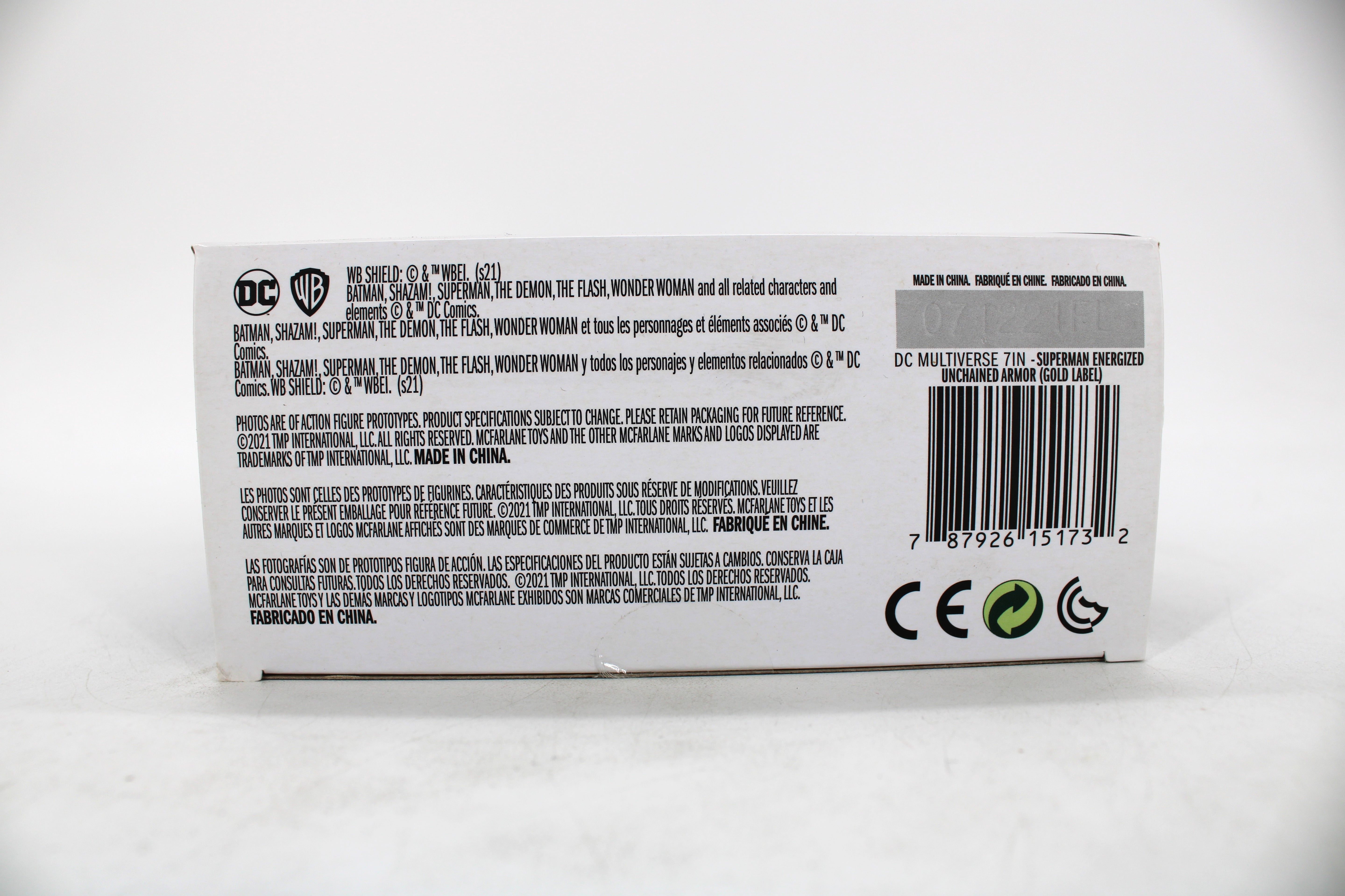 Superman Energized Unchained Armor DC Multiverse Gold Label Collection 7-Inch — Package Detail with Barcode and Legal Text