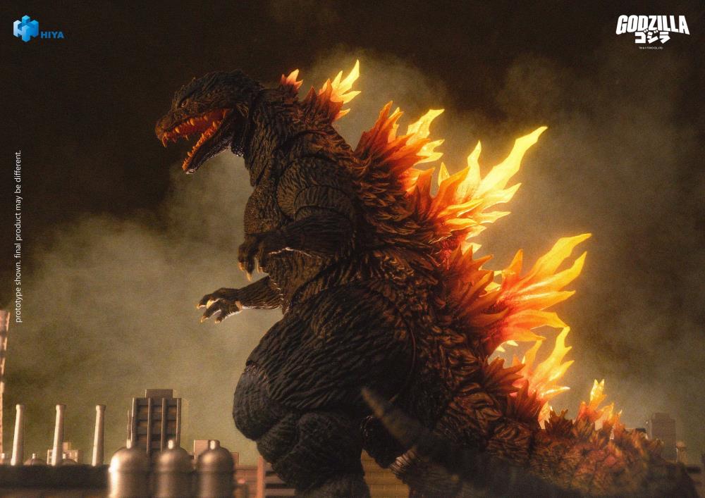 Godzilla 2000 Millennium Exquisite Basic 7-Inch Figure — Three-Quarter Side View With Glowing Dorsal Fins in Smoke