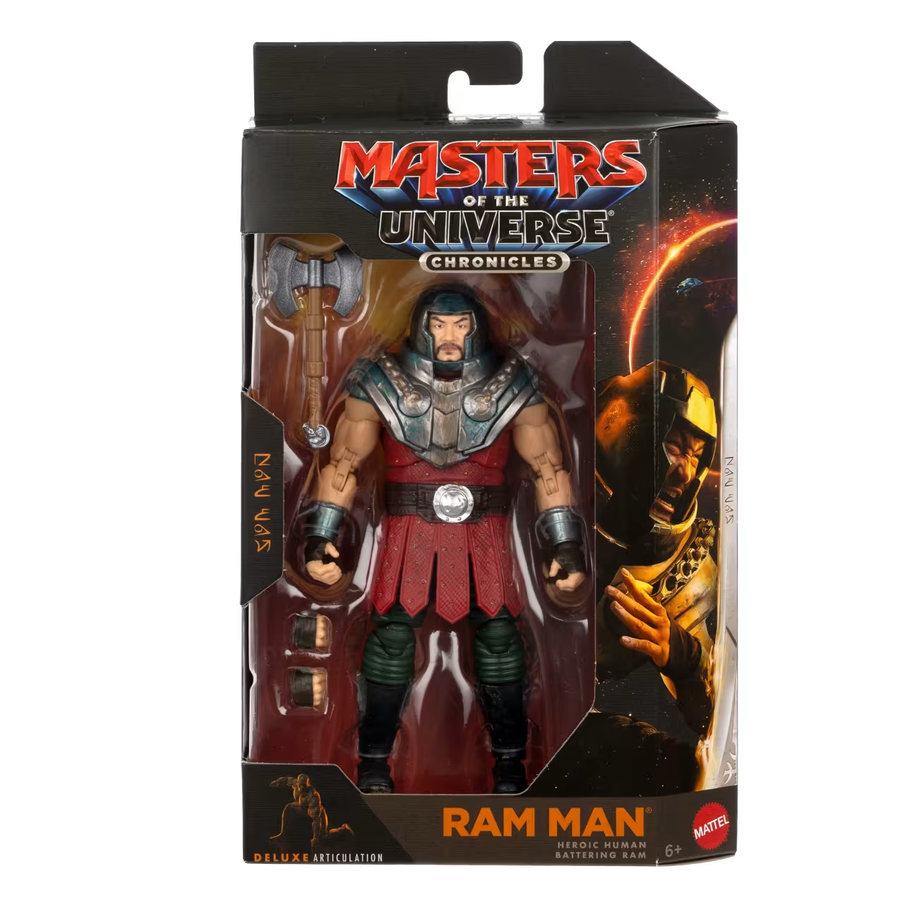 Ram Man Masters of the Universe Chronicles 6.5-Inch Figure — Box Art Front with Accessories Displayed