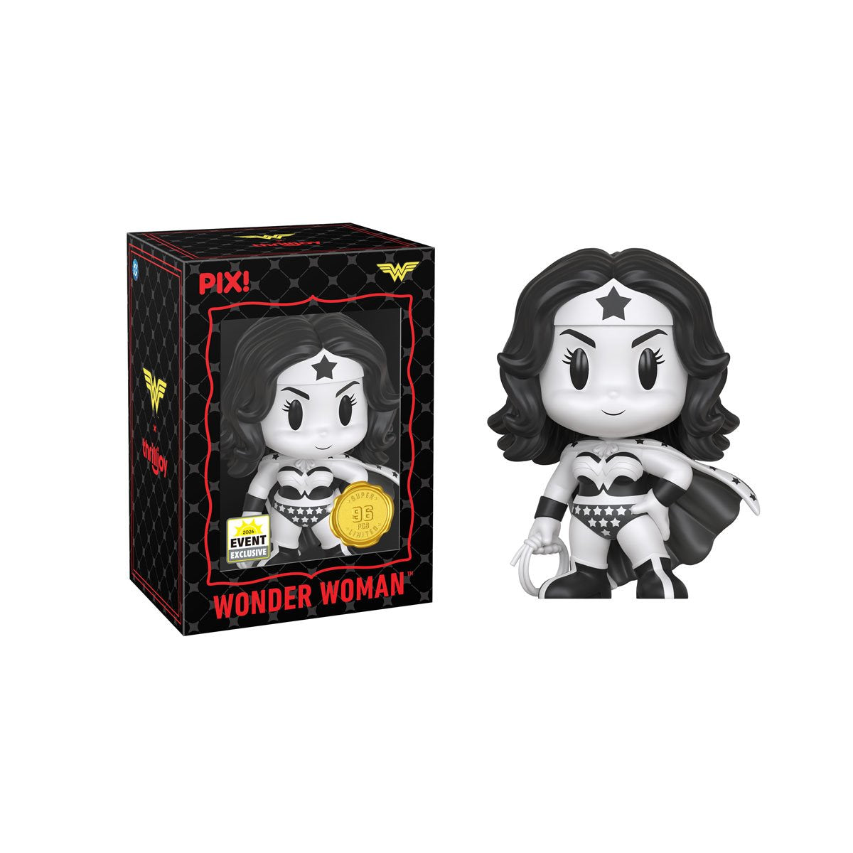 Wonder Woman DC Pix! Vinyl Figure 2026 Convention Exclusive — Black-and-white super-chase variant in black box with figure out of box, front view