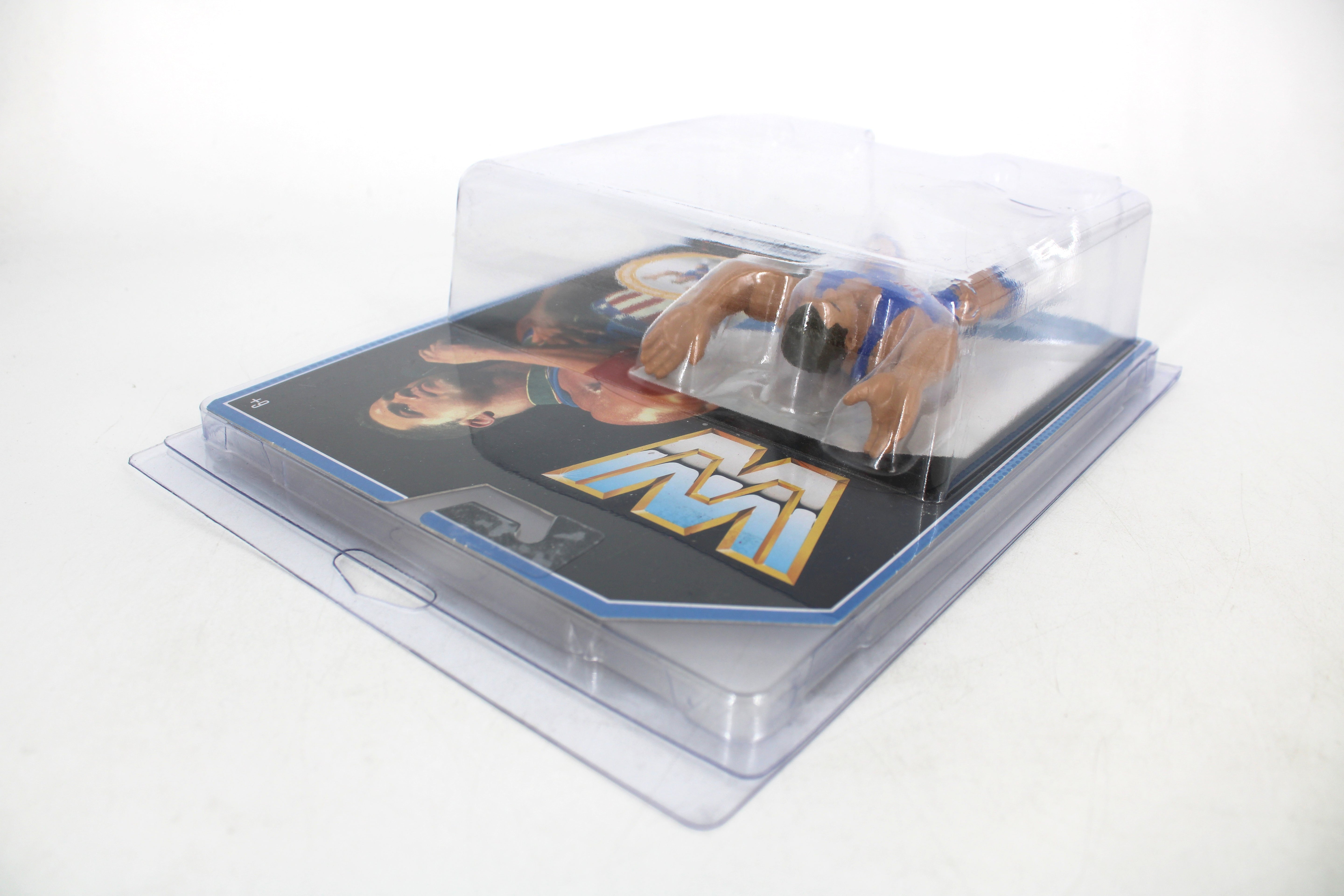 Kurt Angle WWE Retro Mattel Figure — Back Angle View in Protective Case with WWE Logo Card Art