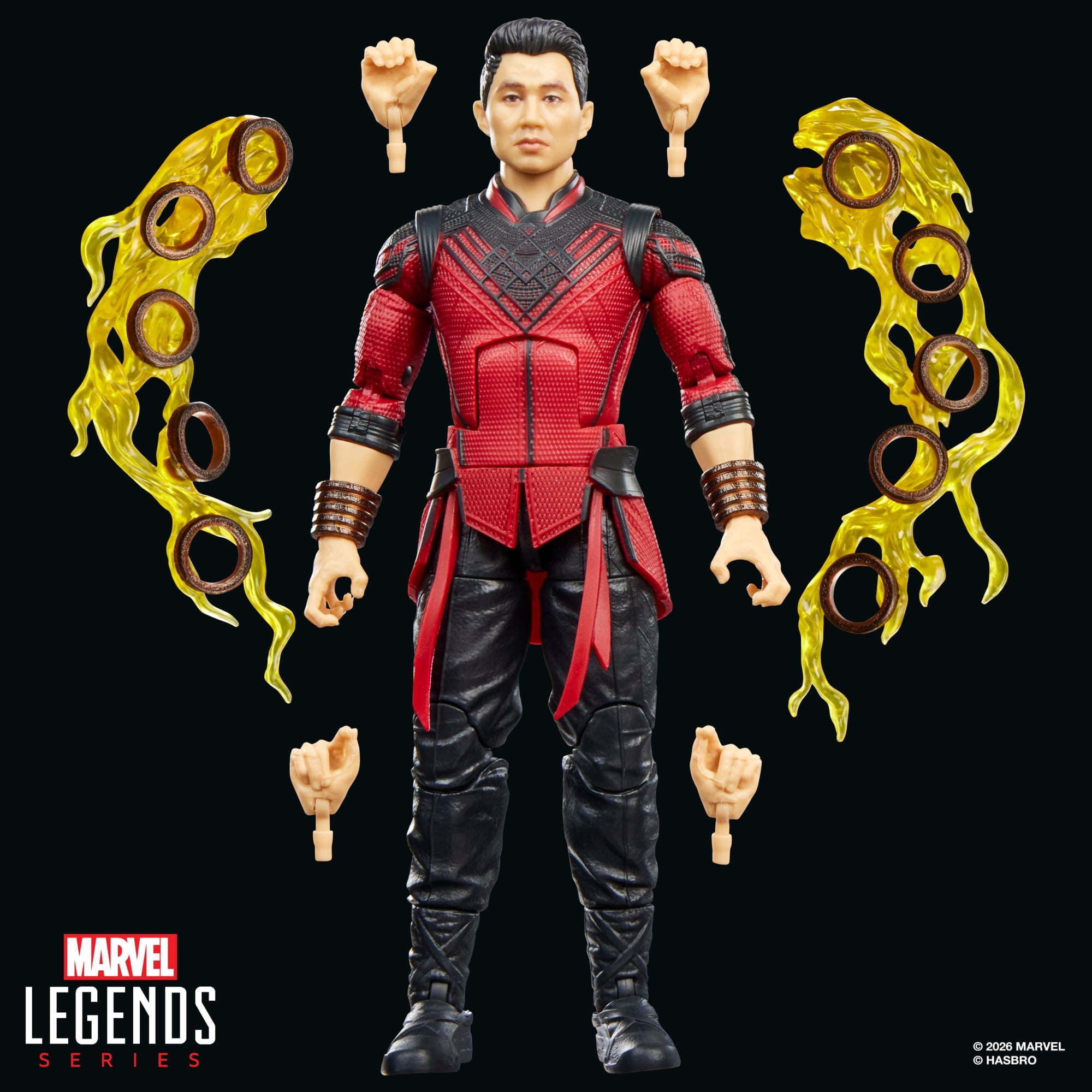 Shang-Chi Marvel Legends 6-Inch Figure — Accessories Included Layout with All Six Pieces