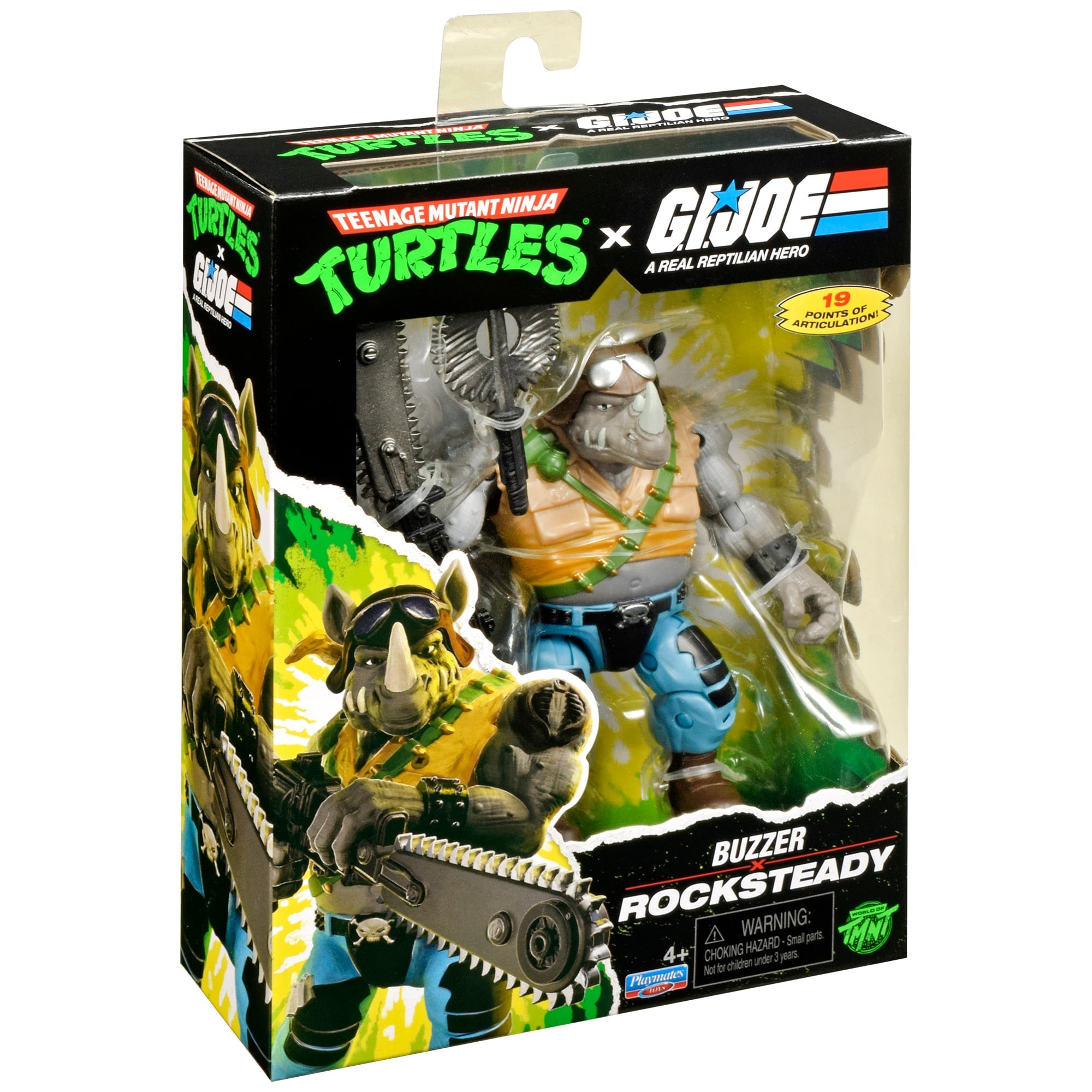 Rocksteady as Buzzer TMNT x GI Joe Figure — Package Side View Box Art Close-Up