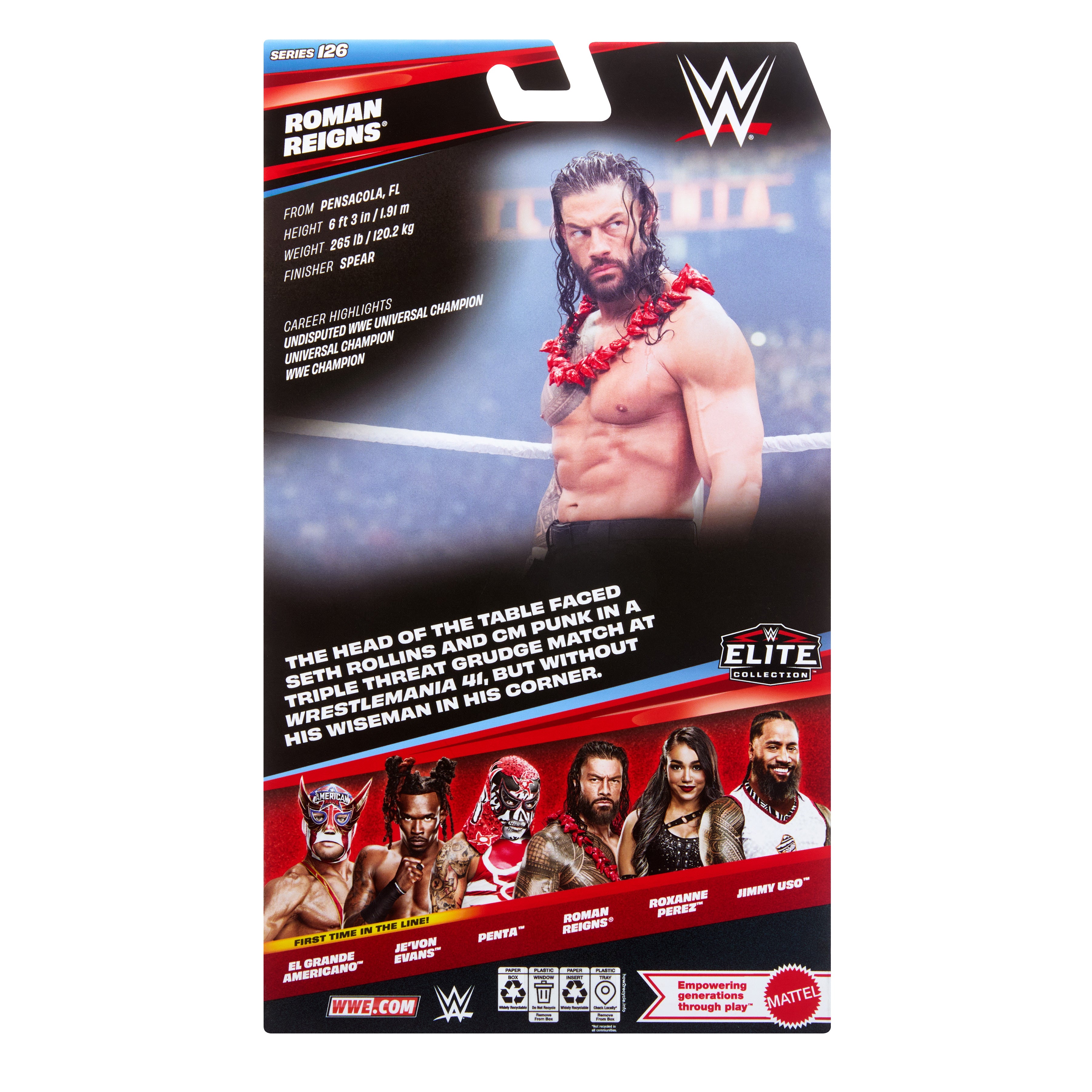 Roman Reigns WWE Elite Collection 6-Inch Figure — Package Detail Box Back with Career Bio and Wave Lineup