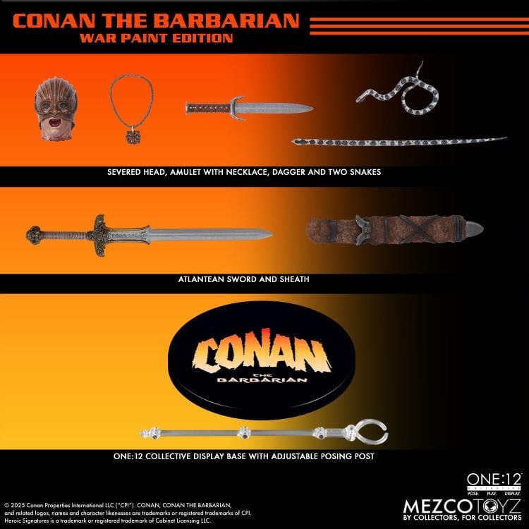 Conan Barbarian One:12 Collective War Paint Edition — Accessories Display Severed Head Amulet Dagger Snakes Sword Sheath and Base